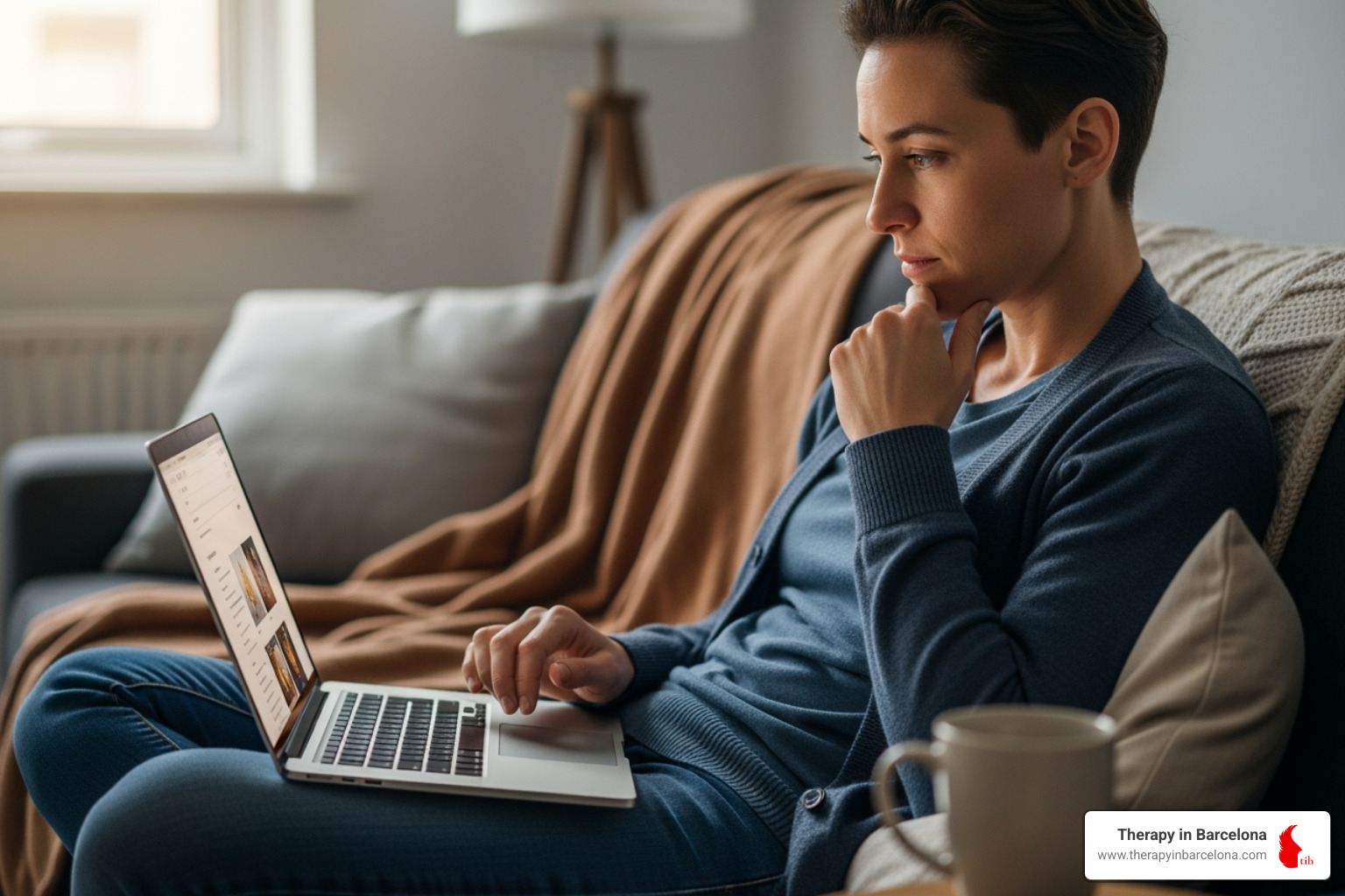 Person thoughtfully browsing a laptop for therapists in Madrid - Therapist in Madrid