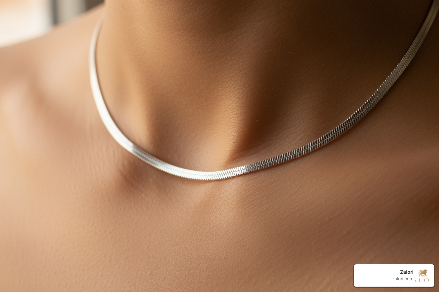 Delicate, thin silver snake chain worn alone on a bare neckline - silver snake chain Delicate, thin silver snake chain worn alone on a bare neckline - silver snake chain