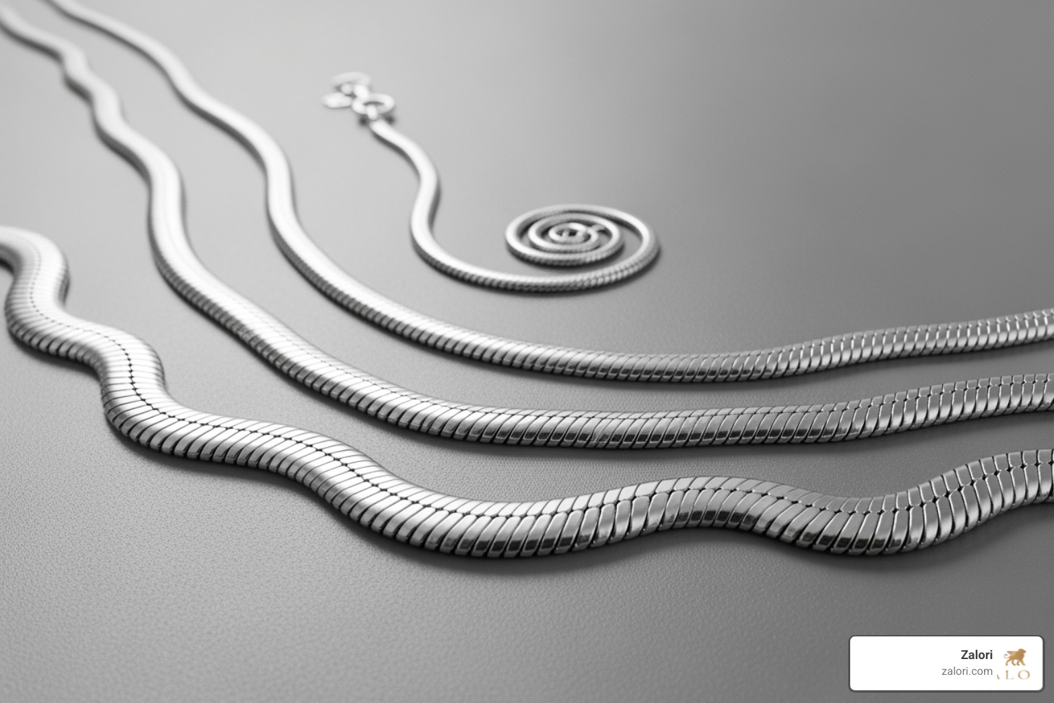 Image of three different silver snake chains layered, showing various widths and lengths - silver snake chain Image of three different silver snake chains layered, showing various widths and lengths - silver snake chain