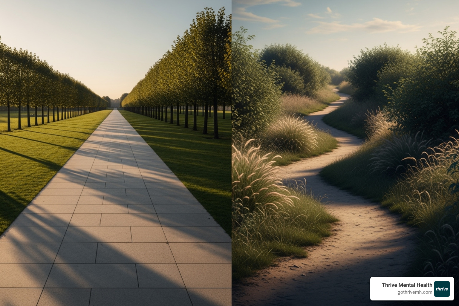 split-screen graphic comparing a structured, linear path (CBT) with a more fluid, cyclical path (DBT) - cbt and dbt