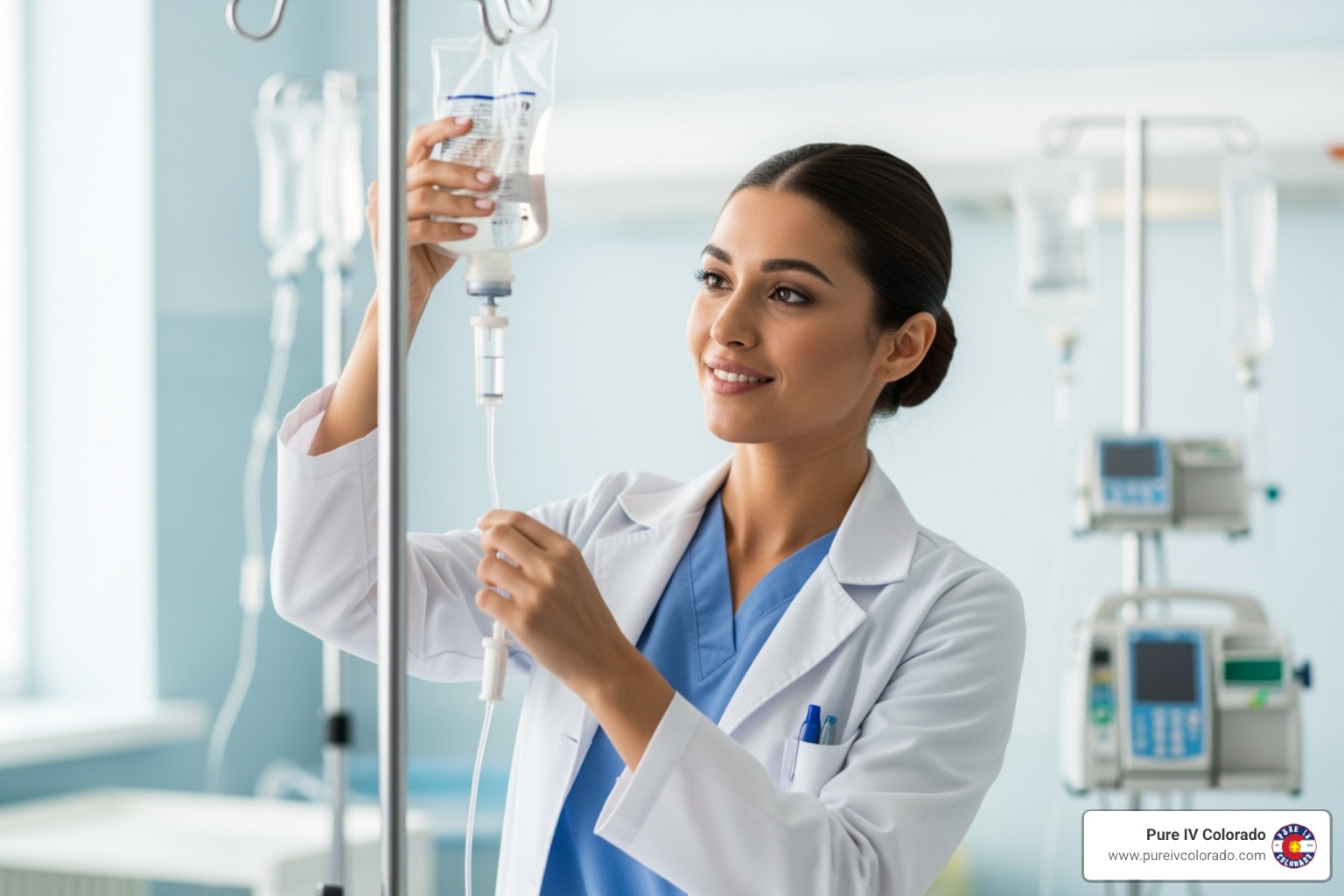 friendly, professional nurse preparing an IV bag - mobile iv colorado
