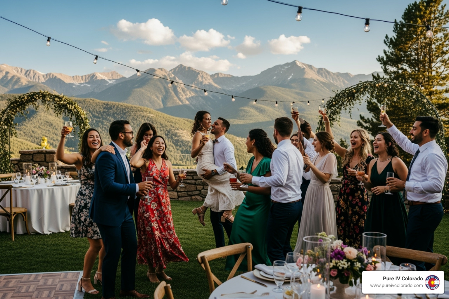 vibrant group of friends celebrating at a wedding or event in Colorado - mobile iv colorado