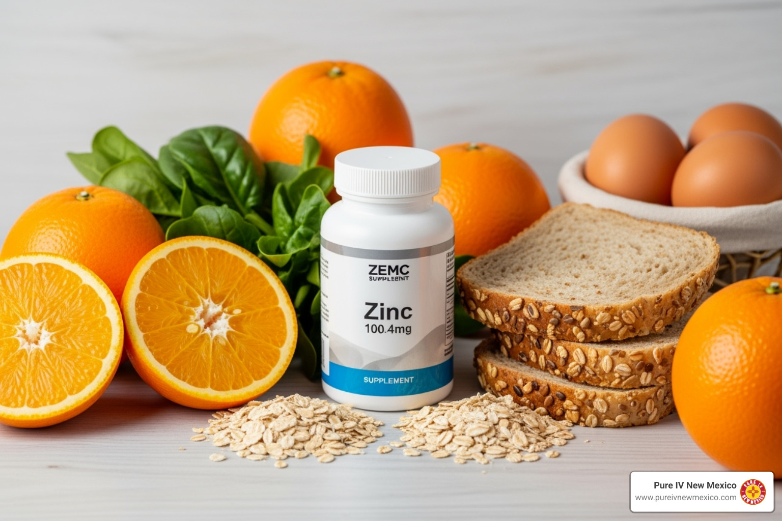 image of key ingredients like oranges (Vitamin C), a zinc supplement bottle, and B-vitamin rich foods - iv therapy to boost immune system