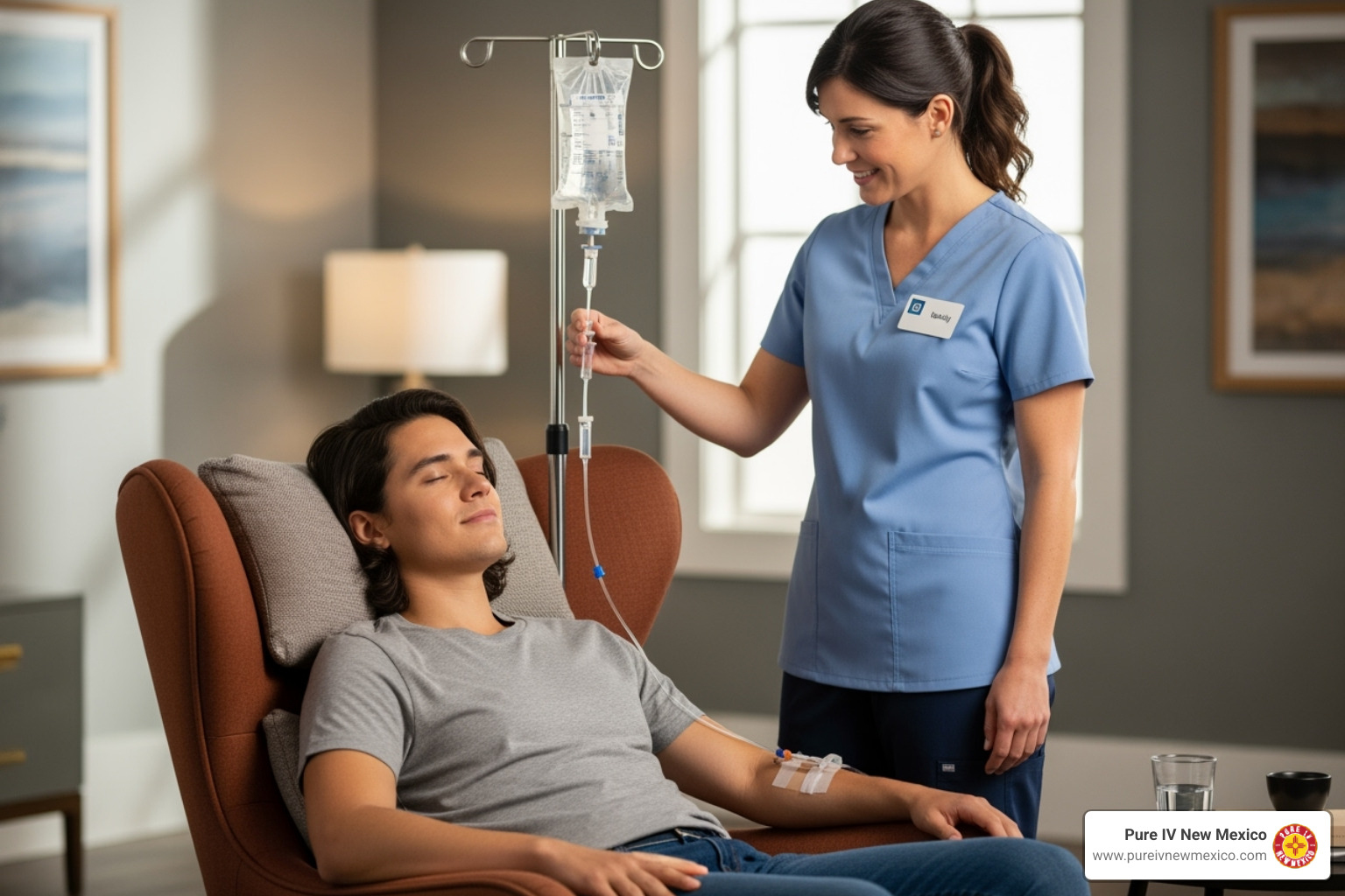 image of a person relaxing in a comfortable chair while receiving an IV drip from a professional nurse - iv therapy to boost immune system