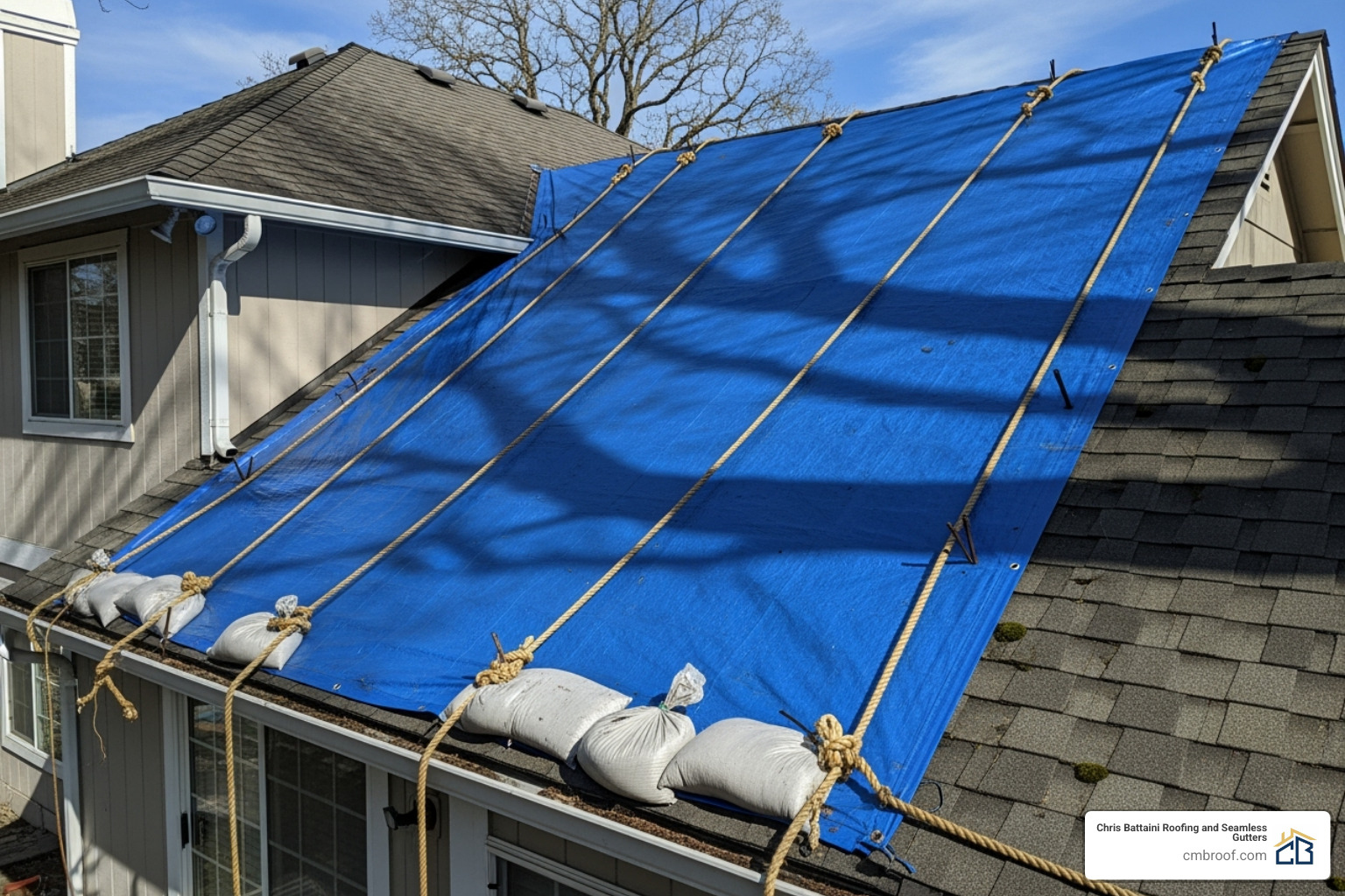 temporary roof tarp correctly installed over a damaged area - residential roof repair service
