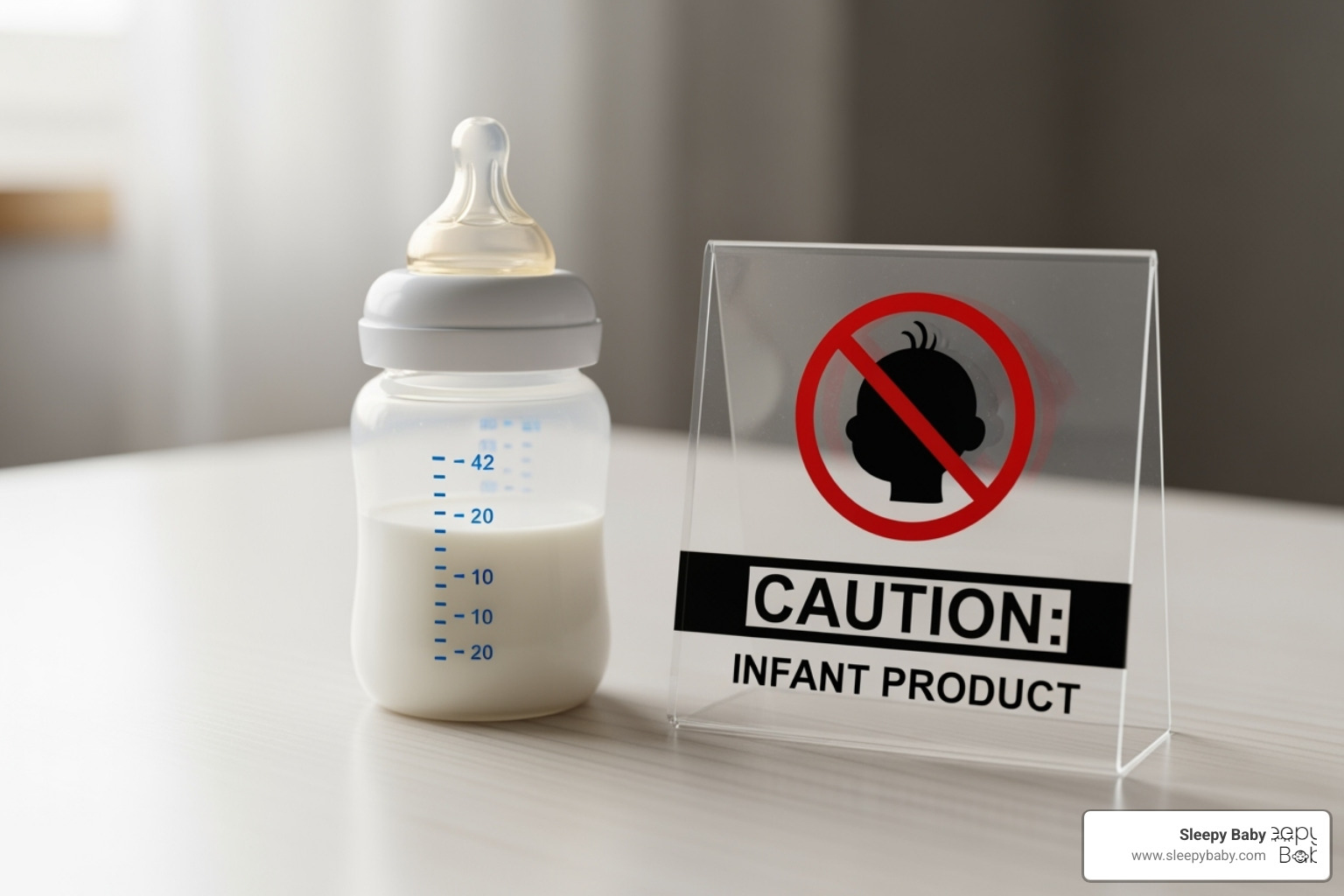 a warning sign next to a baby bottle - how fast gripe water works
