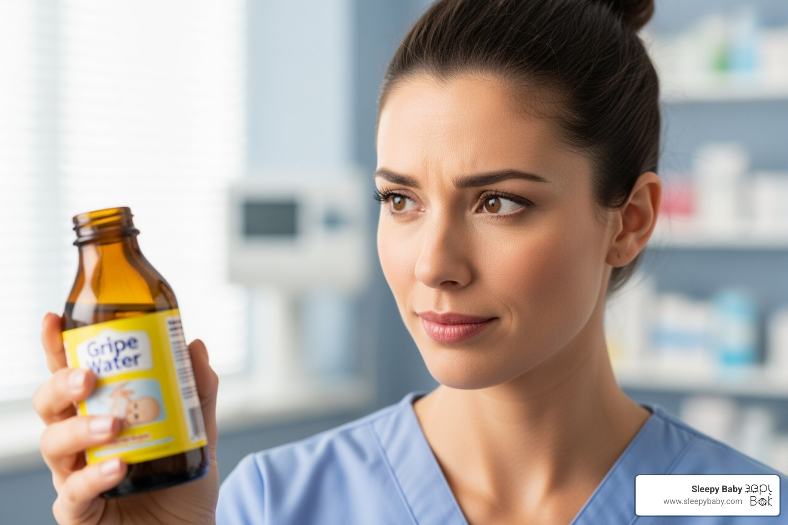 a doctor looking at a gripe water bottle with a questioning expression - how fast gripe water works