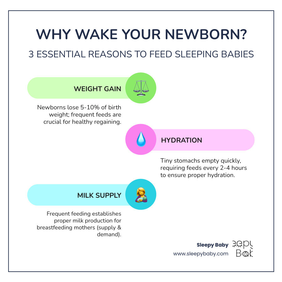 Infographic showing three key reasons to wake a newborn for feeding: Weight Gain (newborns lose 5-10% of birth weight and need frequent feeds to regain it), Hydration (tiny stomachs empty quickly, requiring feeds every 2-4 hours), and Milk Supply (frequent feeding establishes proper milk production for breastfeeding mothers) - should i wake my newborn to feed infographic infographic-line-3-steps-colors