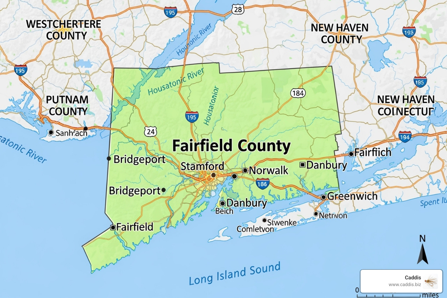 map highlighting Fairfield County and surrounding service areas - sales consulting Fairfield CT