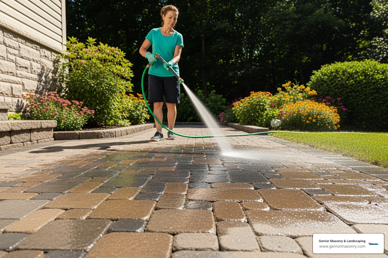 Image of a homeowner easily cleaning their paver walkway with a hose - custom paver walkways