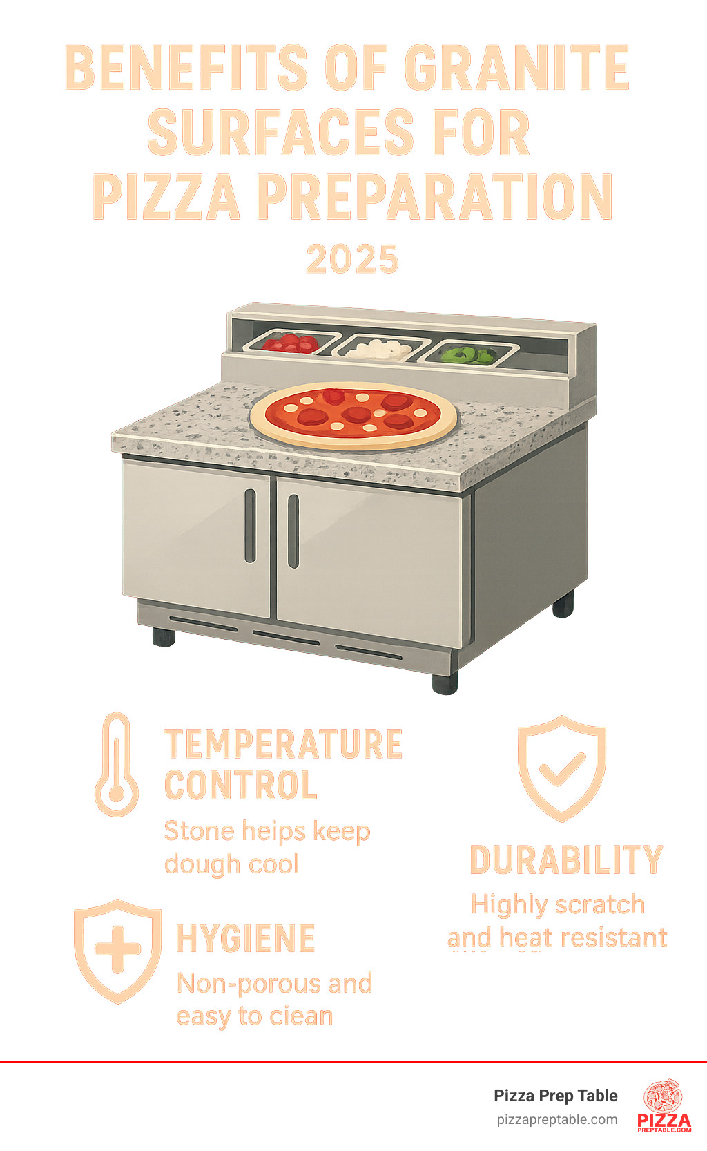 Benefits of granite surfaces for pizza preparation including temperature control, durability, and hygiene advantages over other materials - granite top pizza prep table infographic 