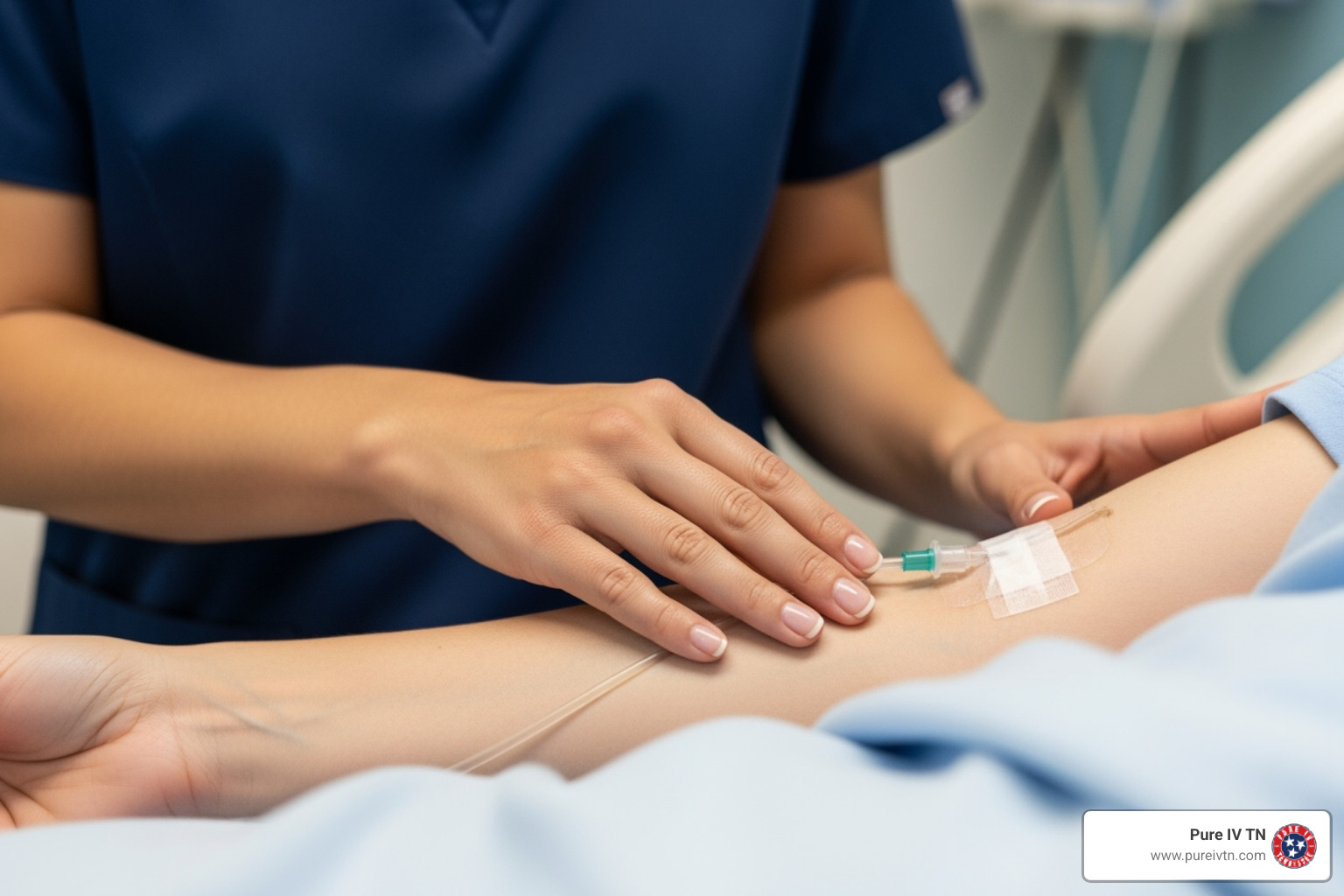 Nurse monitoring an IV site on a patient's arm - intravenous solutions