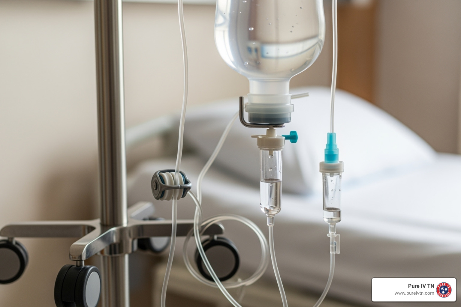 Standard IV therapy equipment (IV bag, pole, tubing, cannula) - intravenous solutions