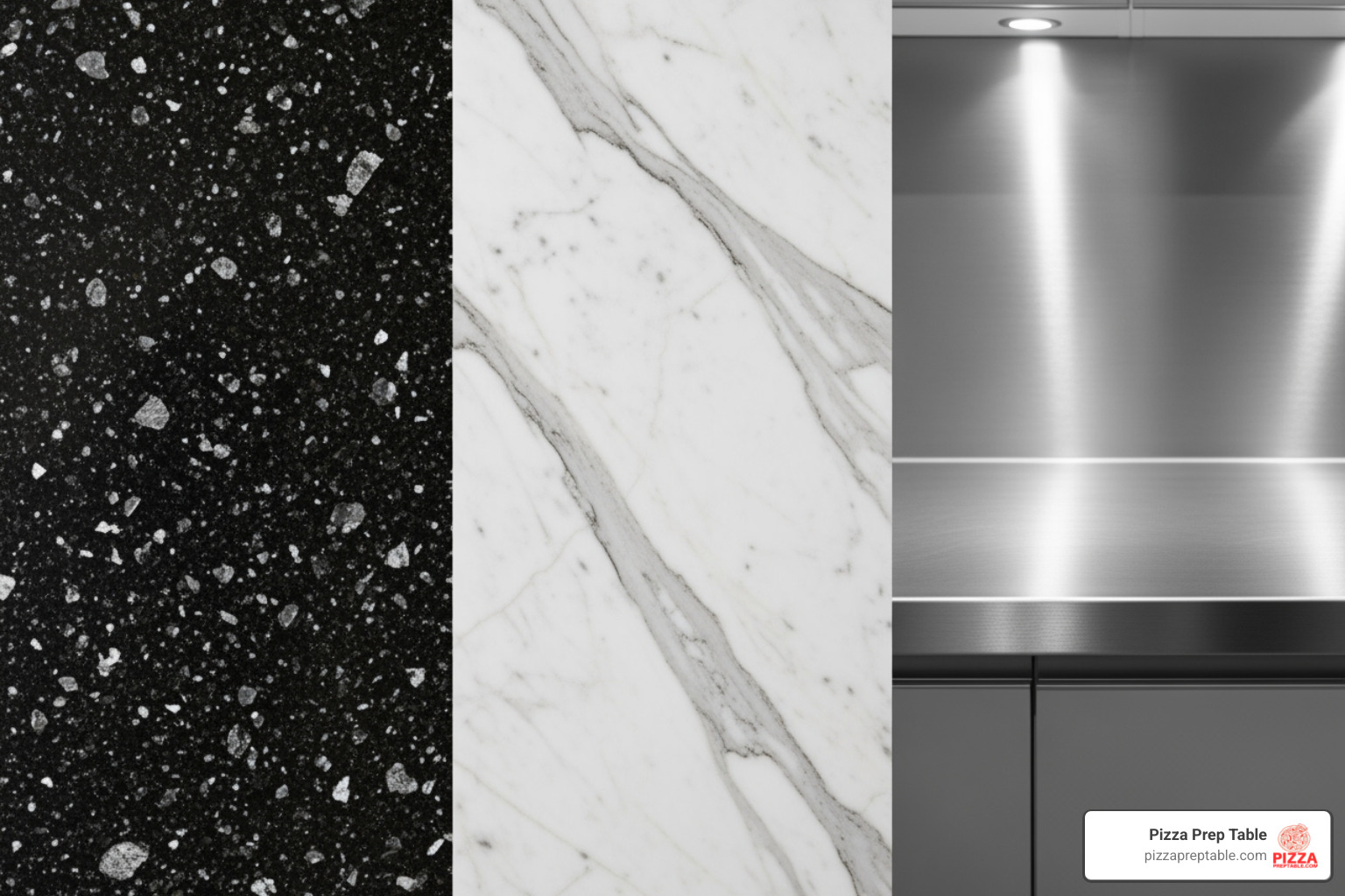 Side-by-side comparison of granite, marble, and stainless steel prep surfaces - granite top pizza prep table