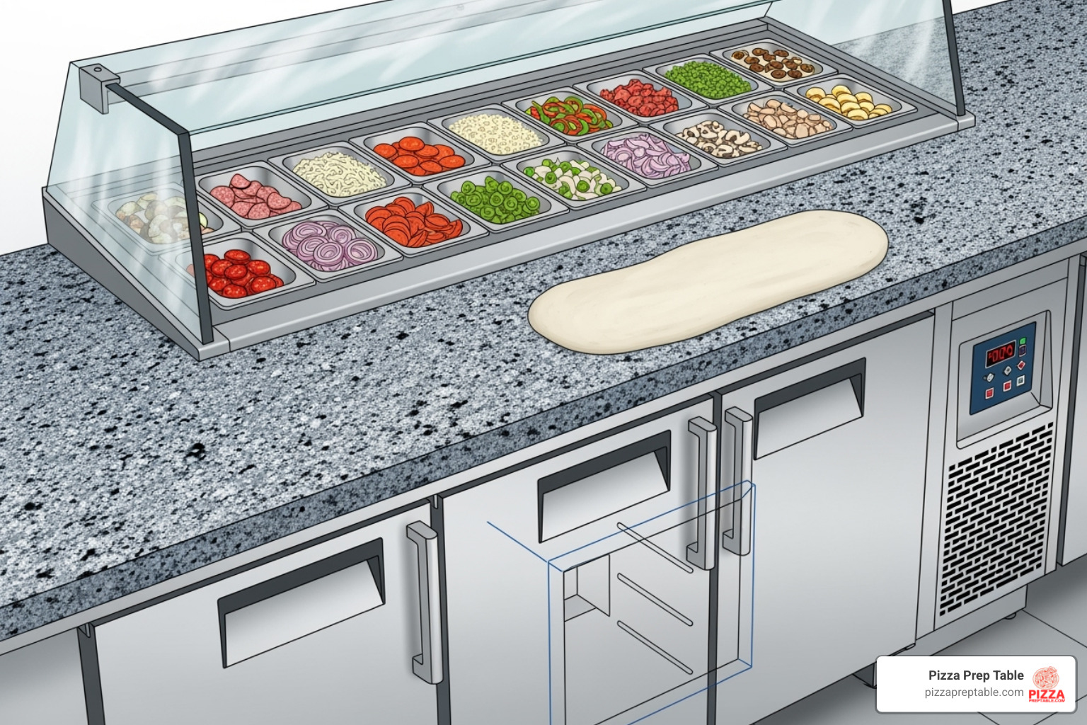 Detailed diagram of a granite prep table pointing out key features like the refrigerated rail, undercounter storage, and granite top - granite top pizza prep table