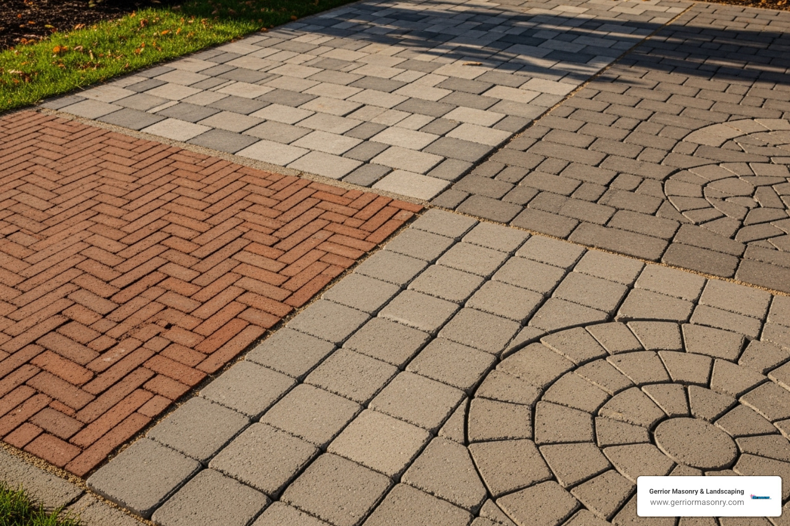 Image of different paver patterns like herringbone and basketweave - custom paver walkways