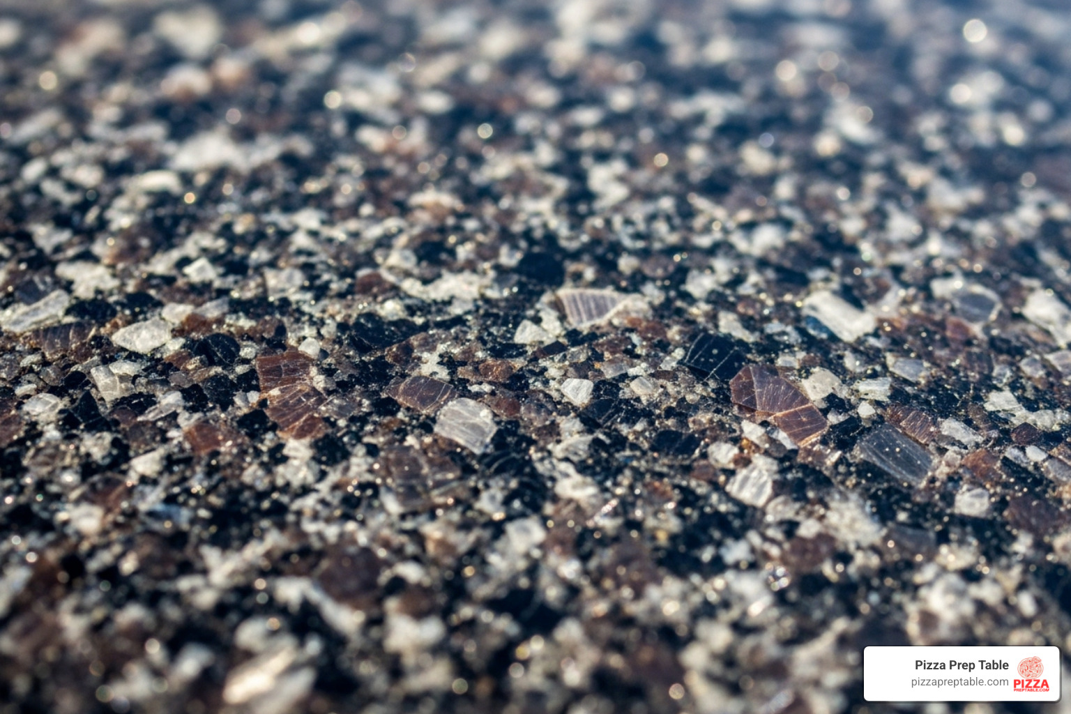 Close-up on a polished granite surface showing its texture and natural sheen - granite top pizza prep table