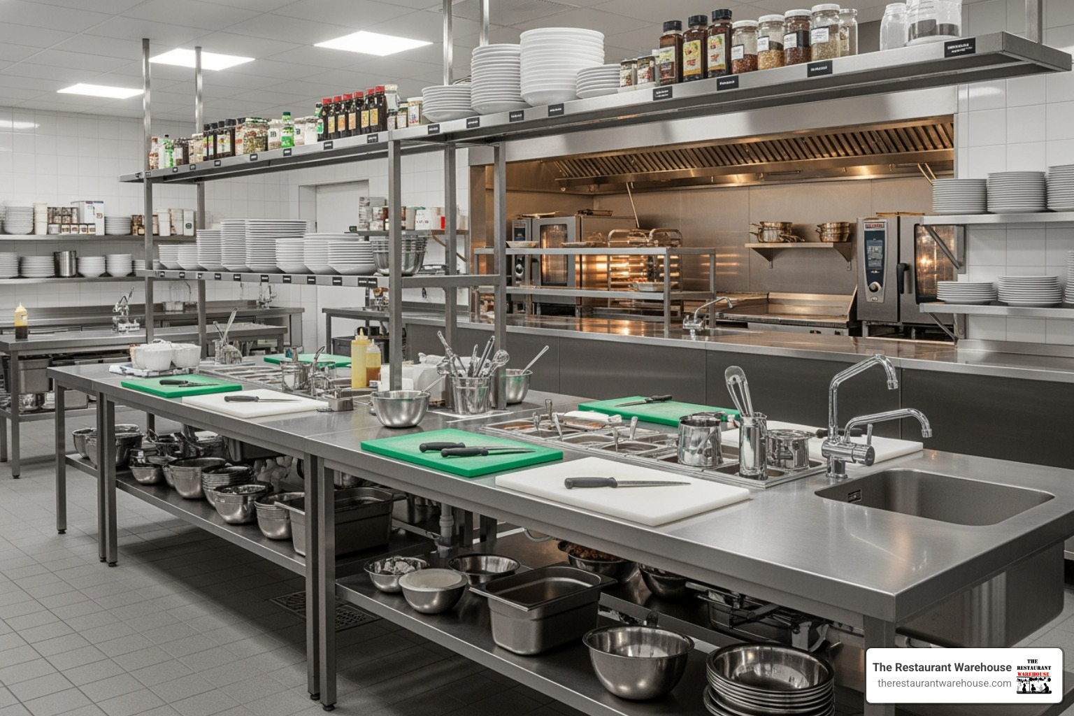 various stainless steel food preparation tables and shelves - kitchen equipment suppliers