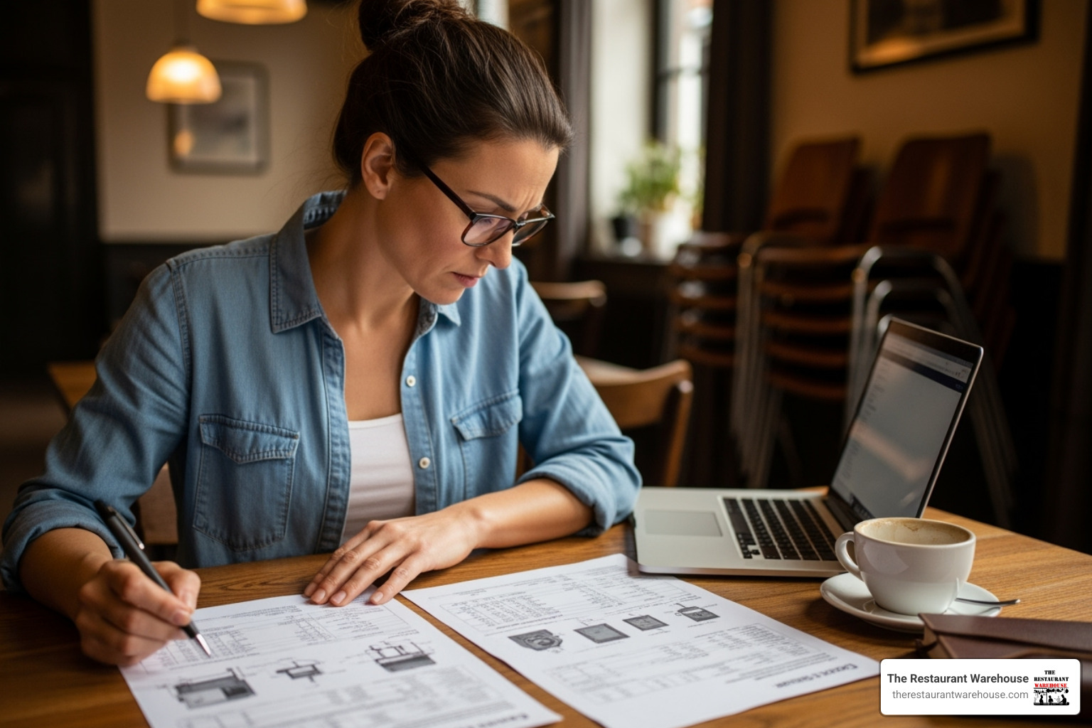 a restaurant owner comparing two equipment spec sheets - kitchen equipment suppliers
