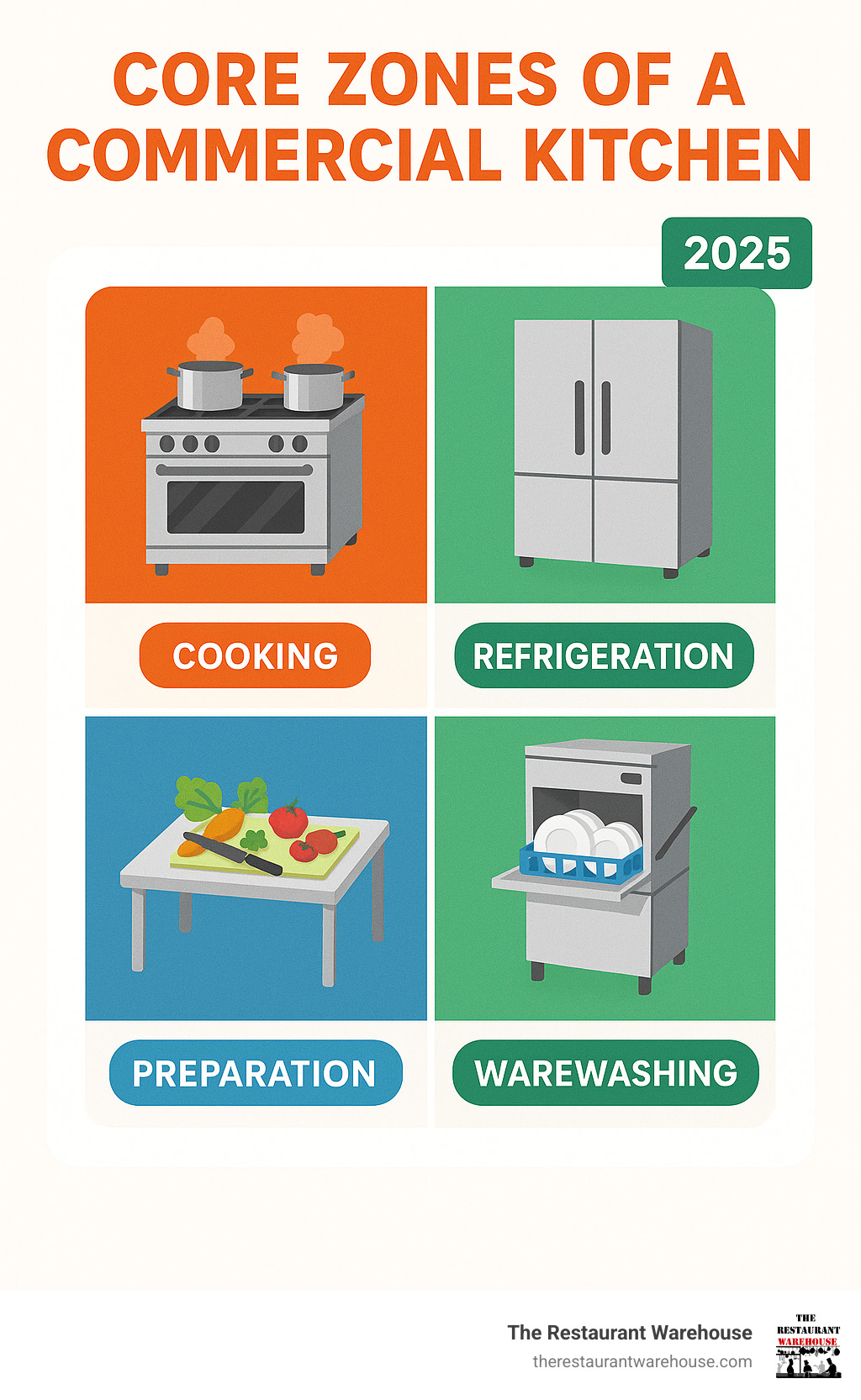Infographic showing the core zones of a commercial kitchen: cooking, refrigeration, preparation, and warewashing - kitchen equipment suppliers infographic 