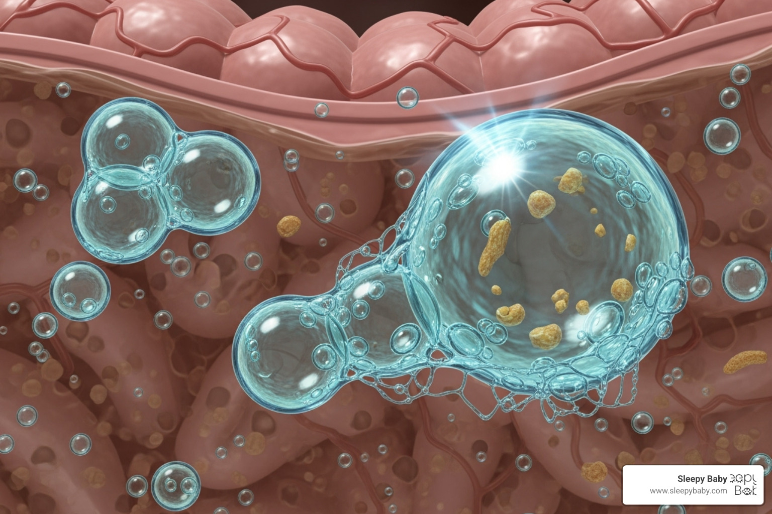 Illustration of simethicone merging gas bubbles