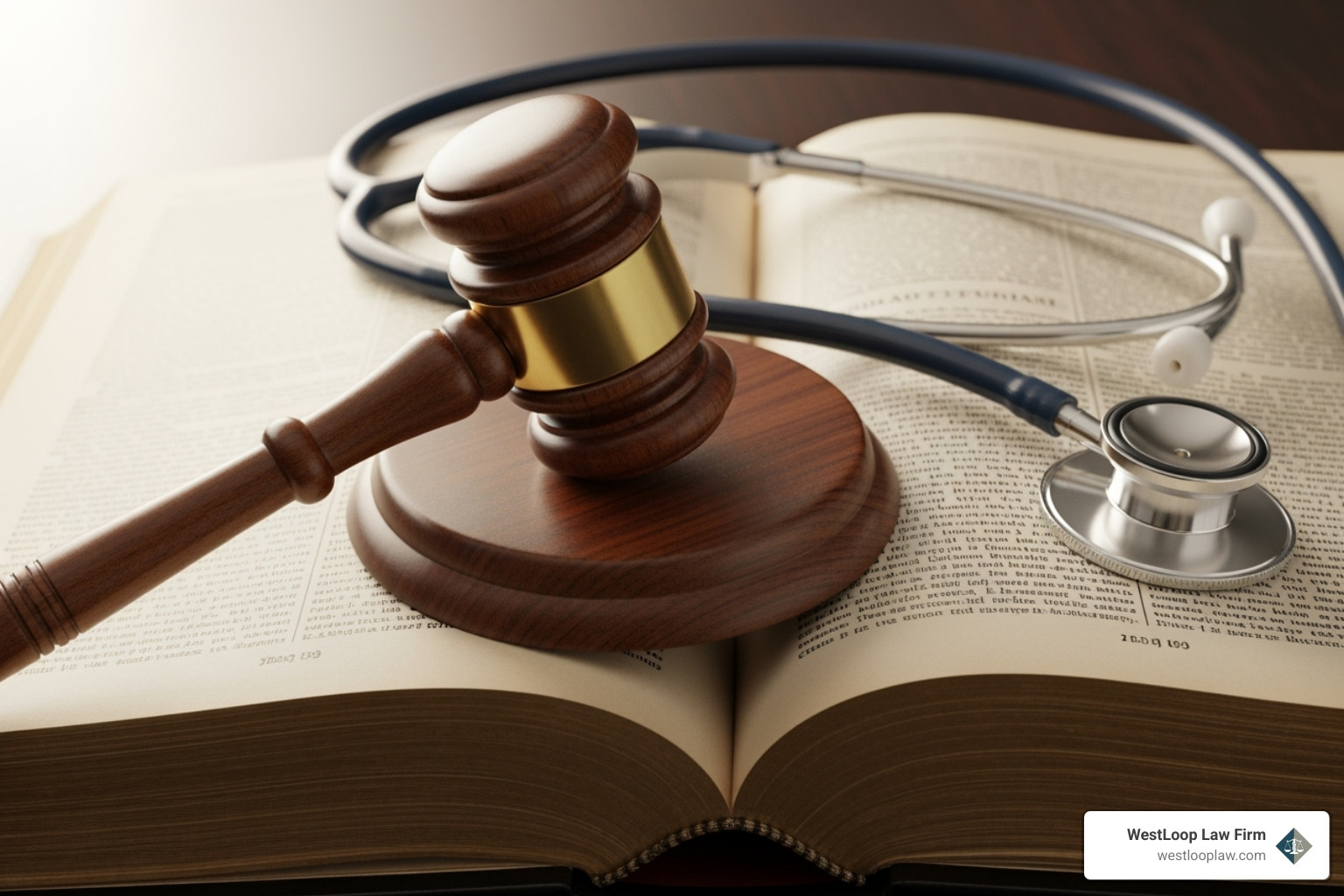 gavel and stethoscope on a law book - houston medical malpractice lawyers