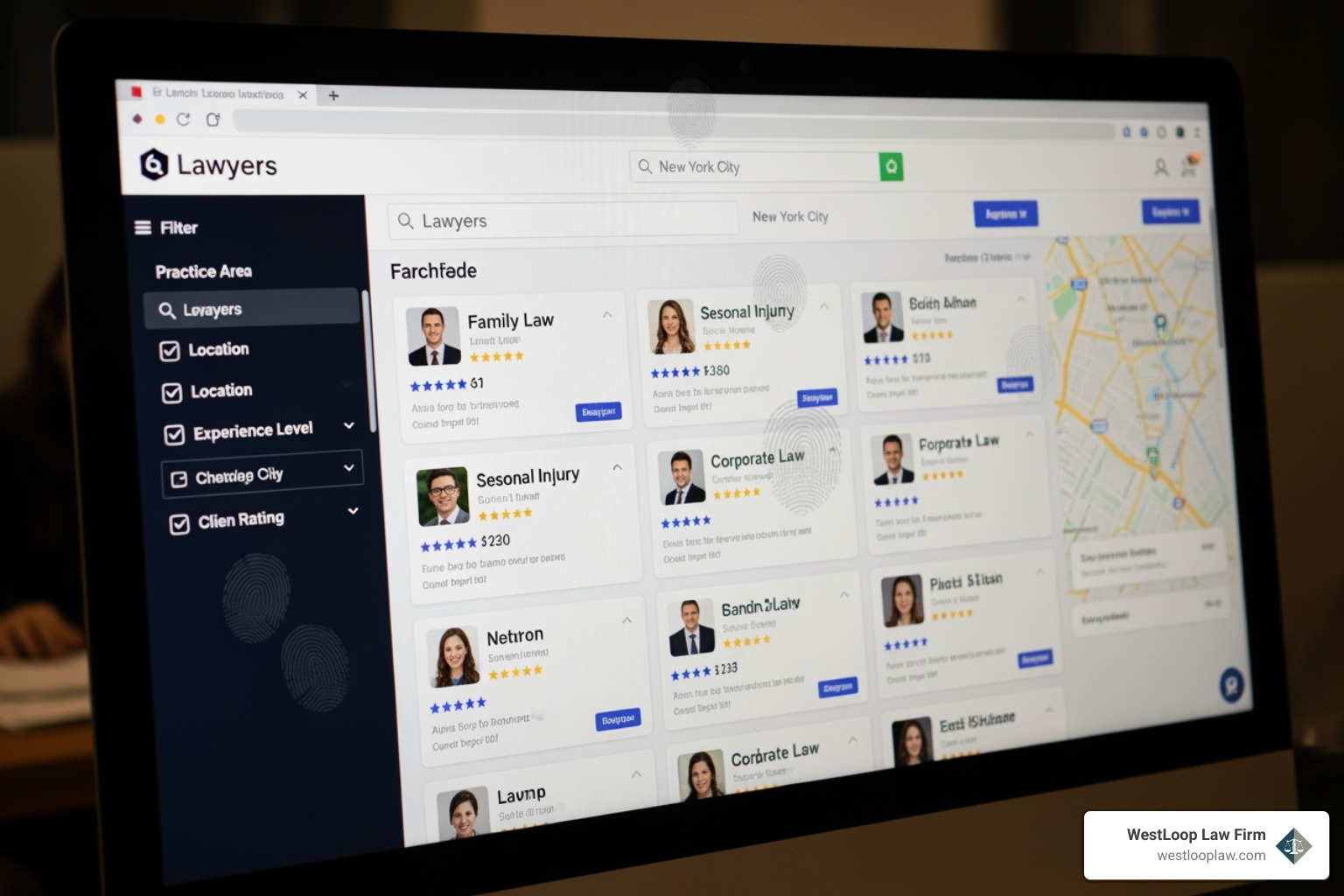 computer screen showing an online legal directory - houston medical malpractice lawyers