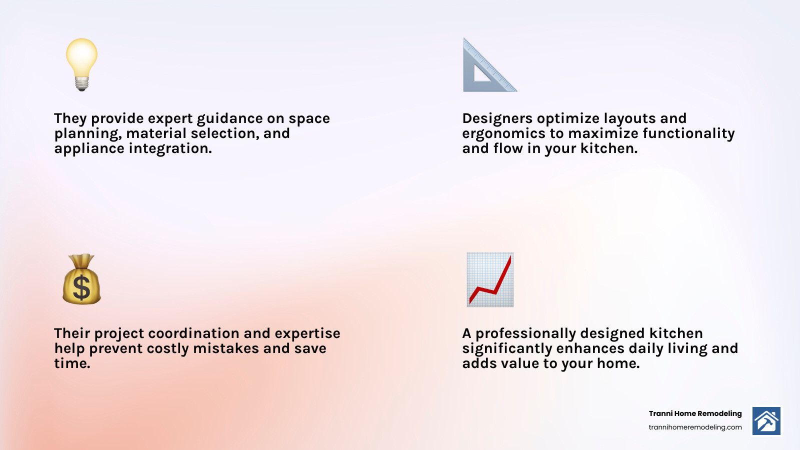 Infographic detailing benefits of hiring a kitchen designer including expert guidance, maximizing space, saving time/money, and increased home value - kitchen designers near me infographic 4_facts_emoji_light-gradient Infographic detailing benefits of hiring a kitchen designer including expert guidance, maximizing space, saving time/money, and increased home value - kitchen designers near me infographic 4_facts_emoji_light-gradient