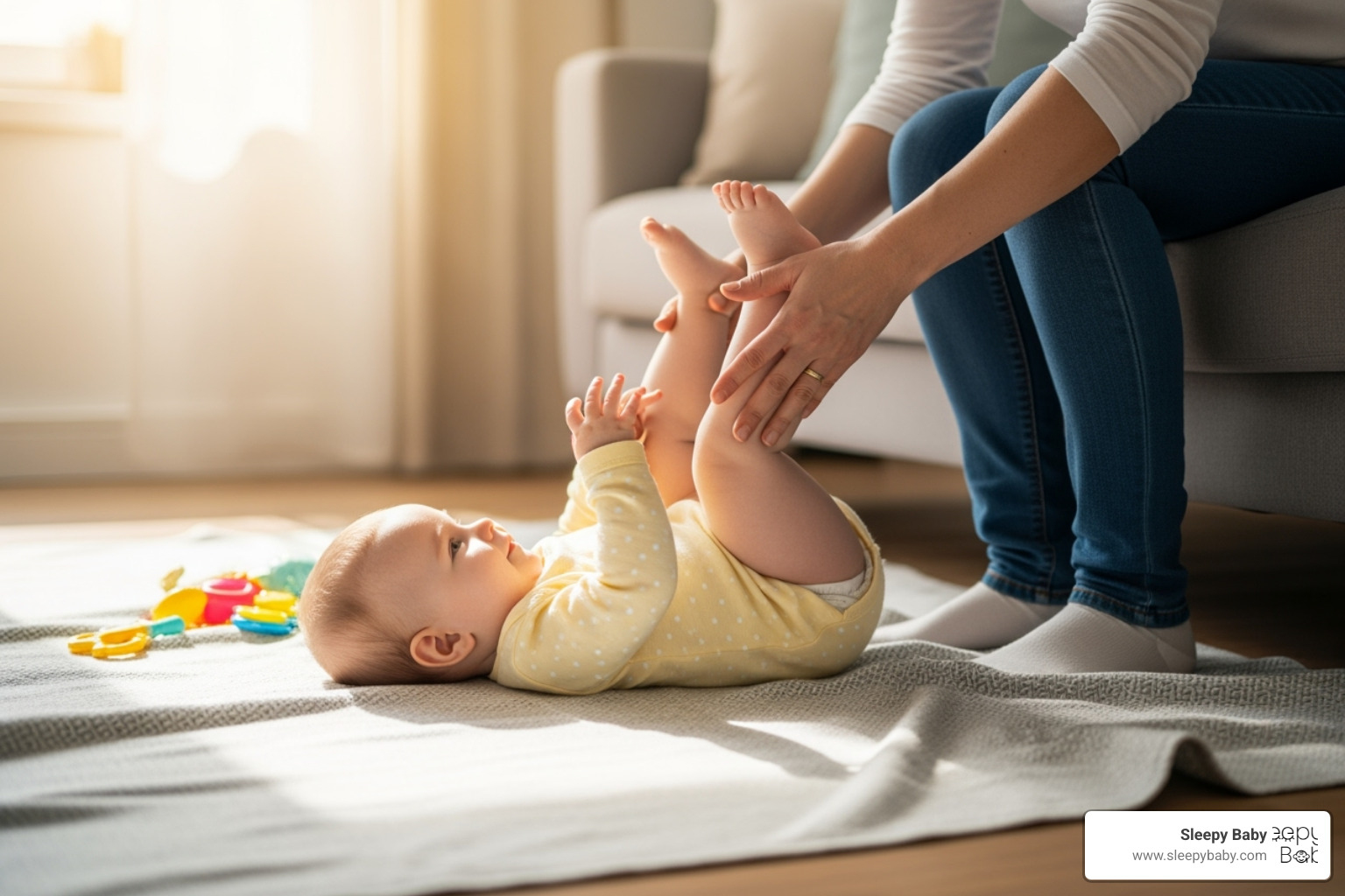 Parent doing bicycle-leg exercise with baby