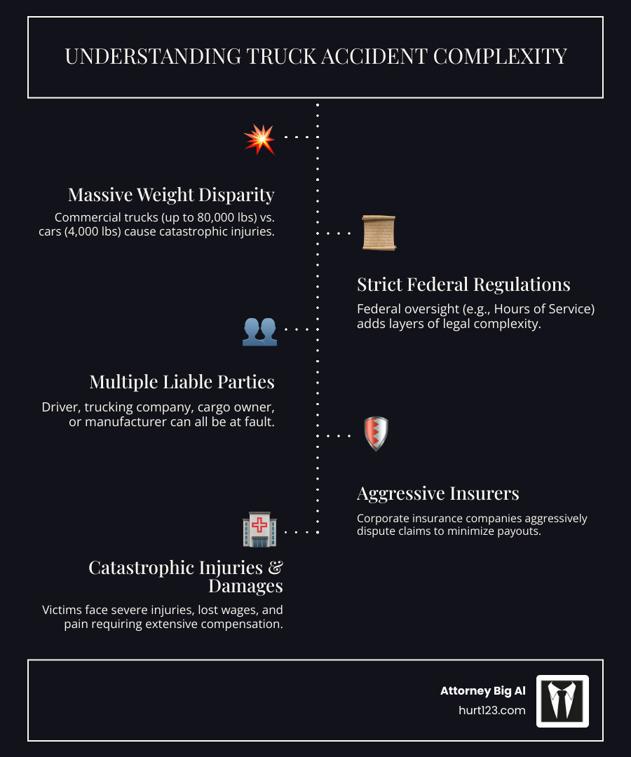Infographic showing truck accident complexity with statistics on weight differences between trucks and cars, common causes including driver fatigue and speeding, multiple liable parties including driver trucking company and manufacturers, and types of compensation available including medical expenses lost wages and pain and suffering - truck driver accident lawyer infographic infographic-line-5-steps-dark