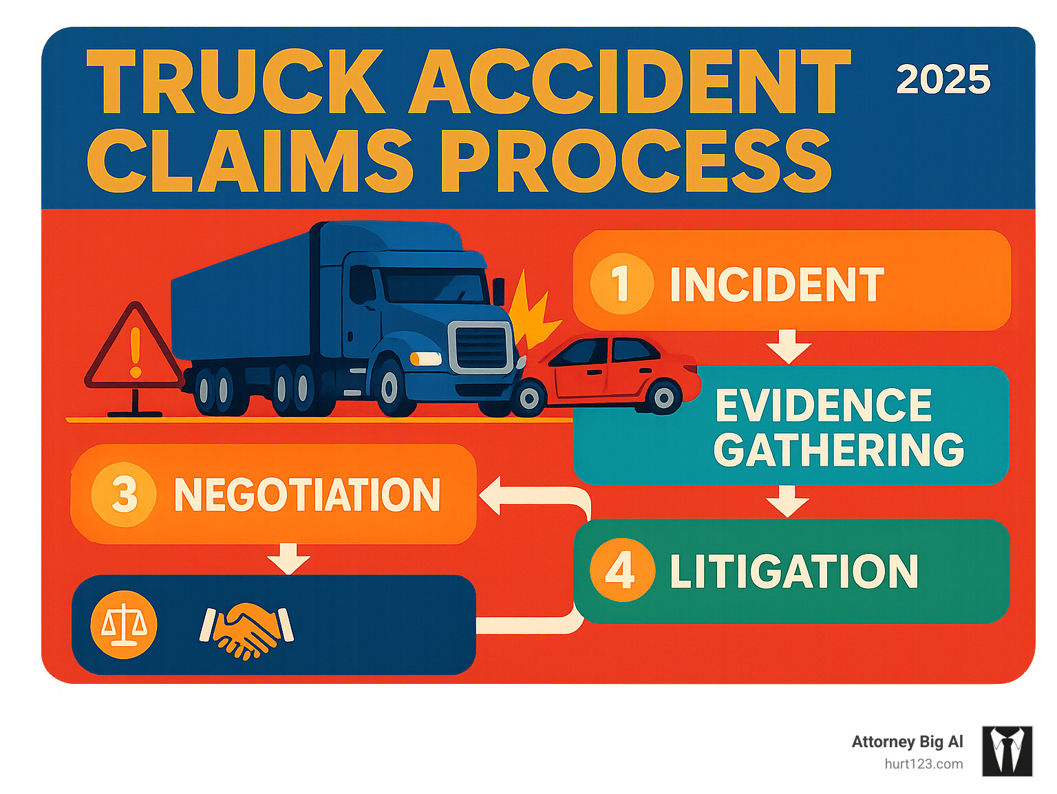 Infographic detailing the truck accident claims process from incident to resolution, highlighting key steps like evidence gathering, negotiation, and potential litigation - truck driver accident lawyer infographic 