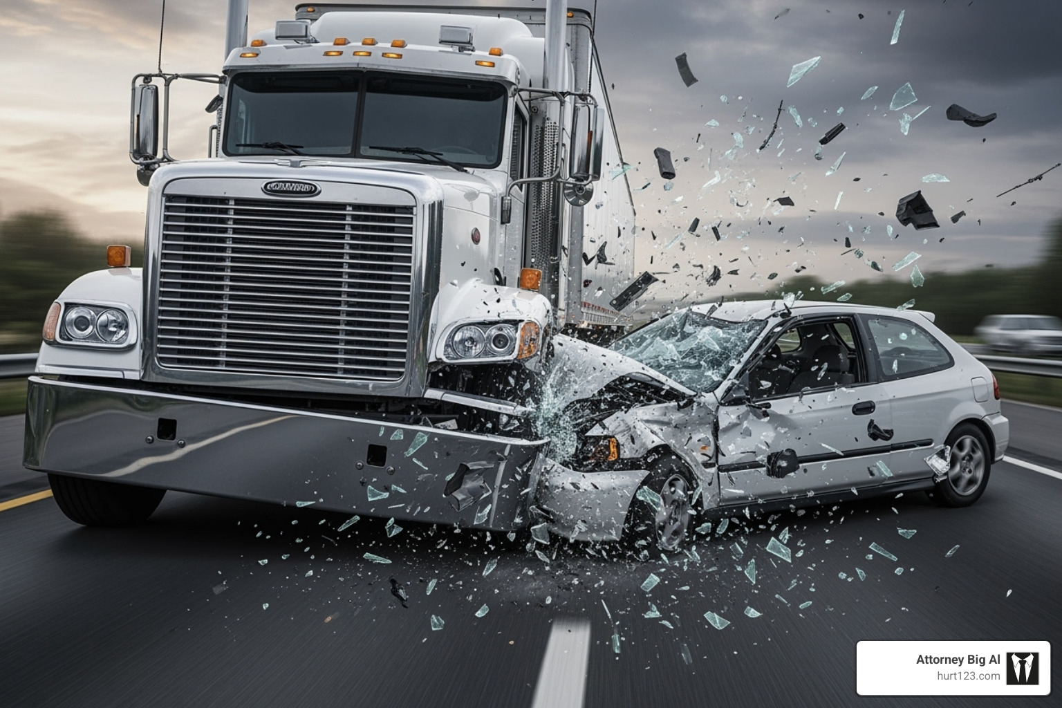 illustration of the impact force of a large truck versus a small car - truck driver accident lawyer