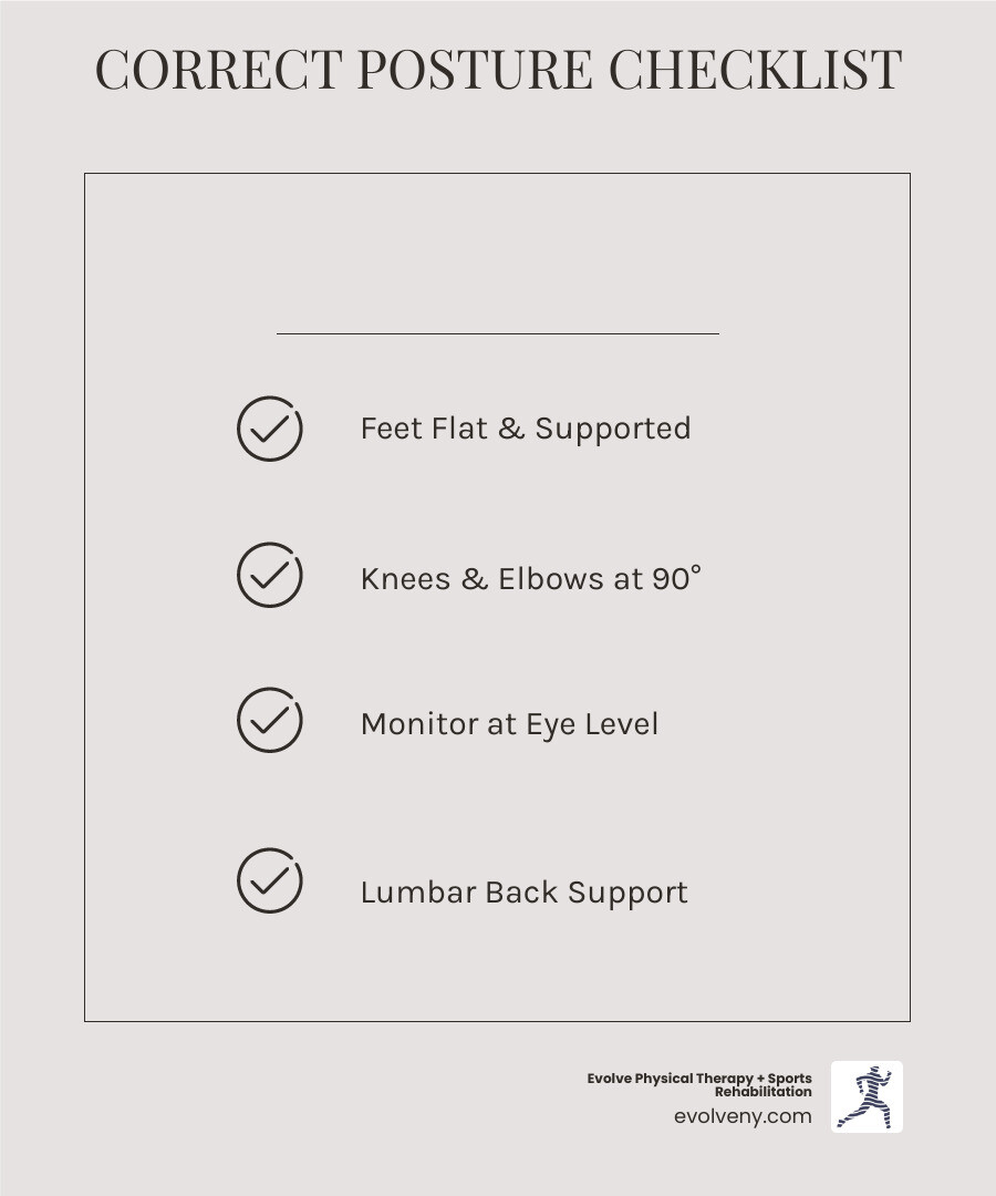 Infographic summarizing key elements of correct computer posture: chair height, monitor placement, keyboard and mouse positioning, and frequent breaks for optimal ergonomic setup. - correct computer posture infographic checklist-light-beige