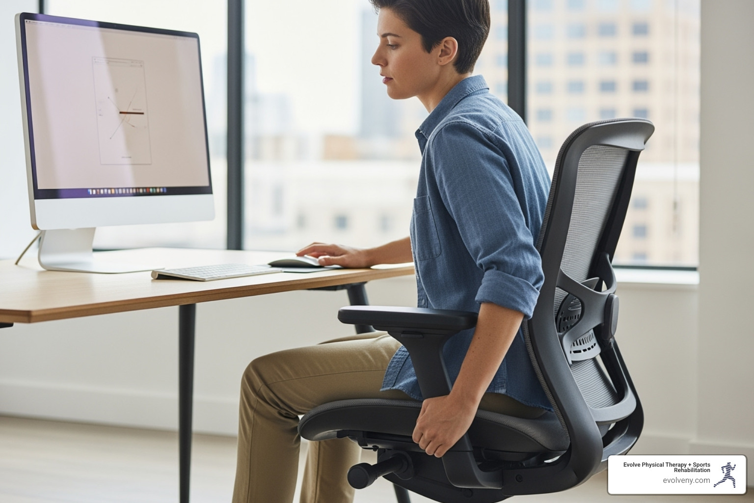 person correctly adjusting their ergonomic office chair - correct computer posture