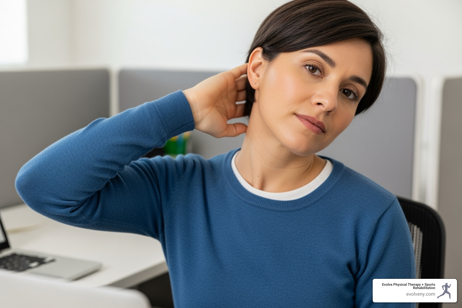 person doing a simple neck or shoulder stretch at their desk - correct computer posture