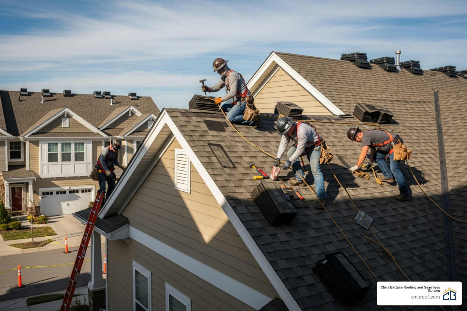 roofing crew working on a townhouse community - multi family roofing services