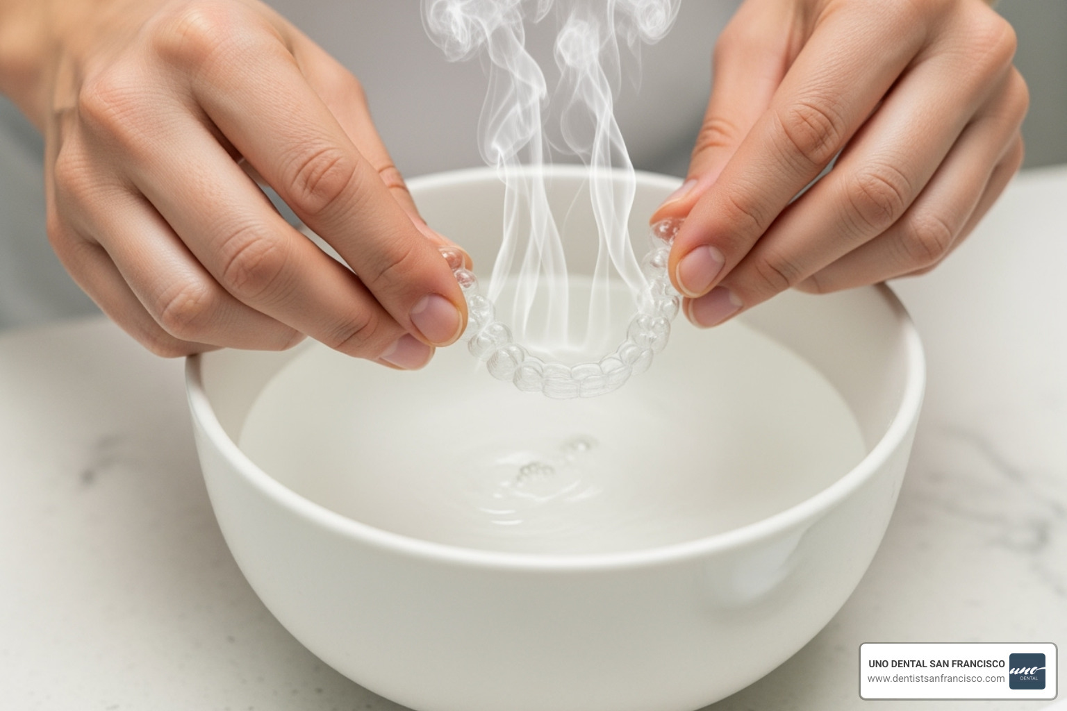 person molding a boil-and-bite tray in warm water - dental whitening trays
