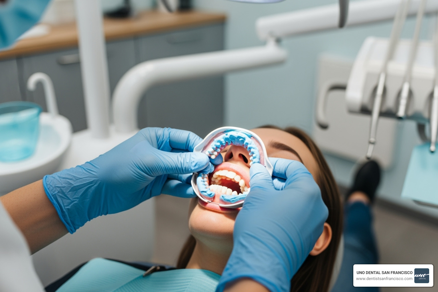 dentist taking a dental impression for custom trays - dental whitening trays
