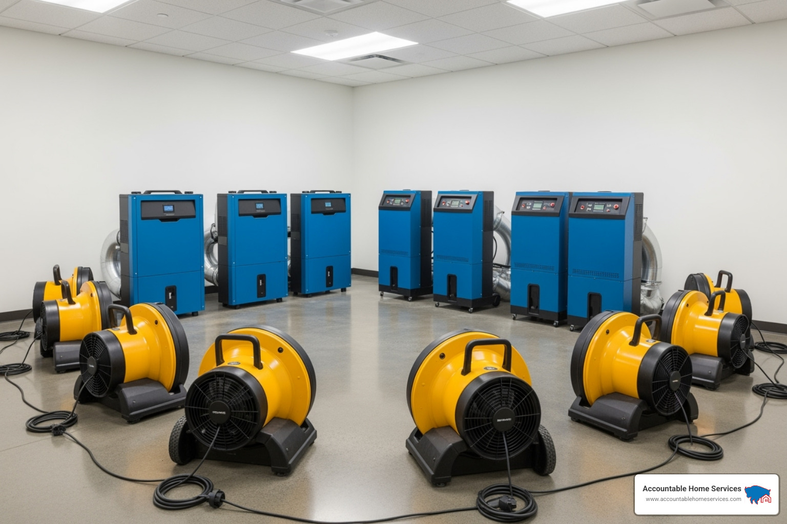 industrial air movers and dehumidifiers set up in a clean, dry space - sewage cleanup arvada