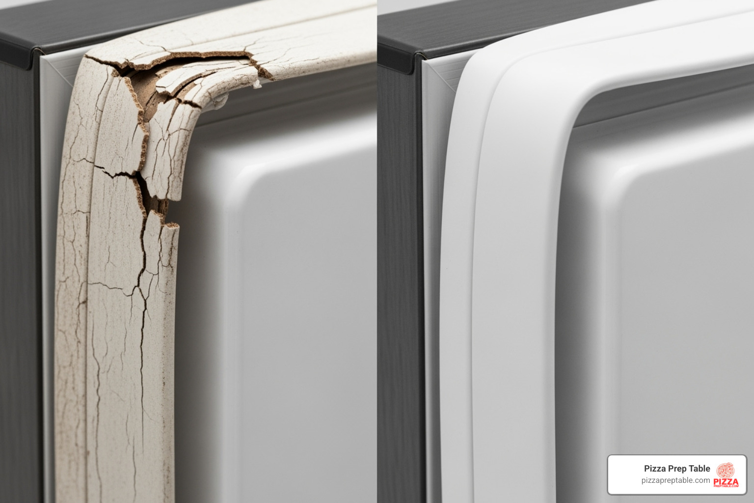 a cracked and worn-out door gasket next to a new one - pizza prep table parts