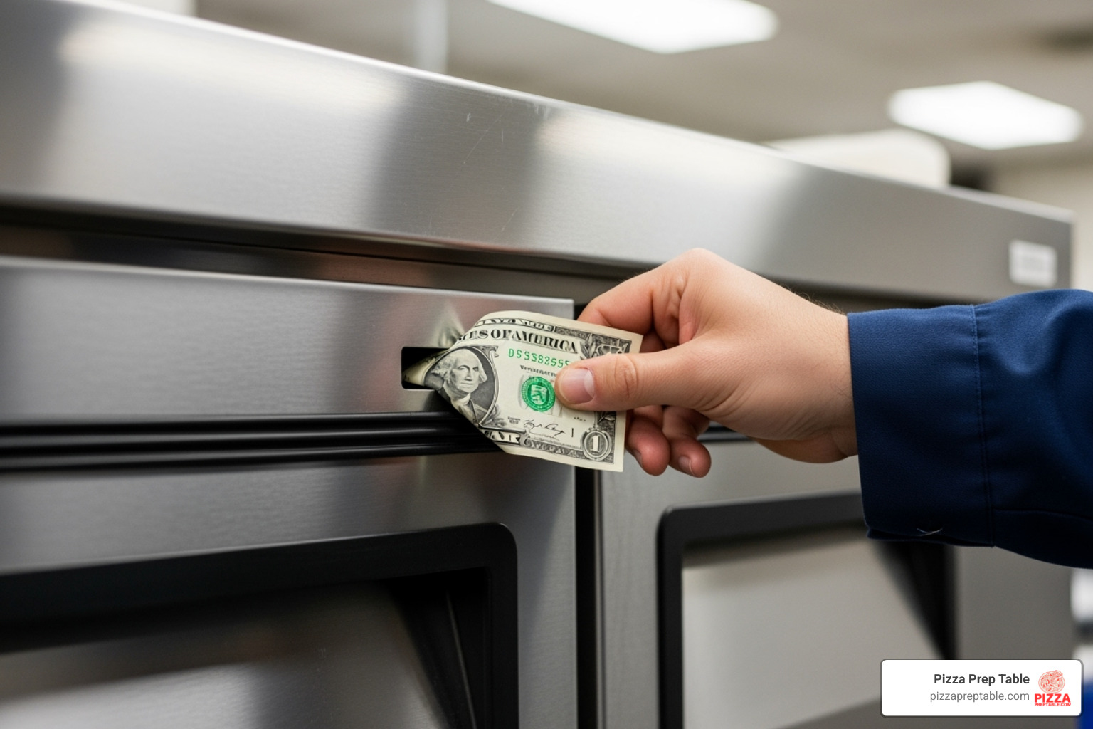 a technician using a dollar bill to test the seal on a prep table door gasket - pizza prep table parts