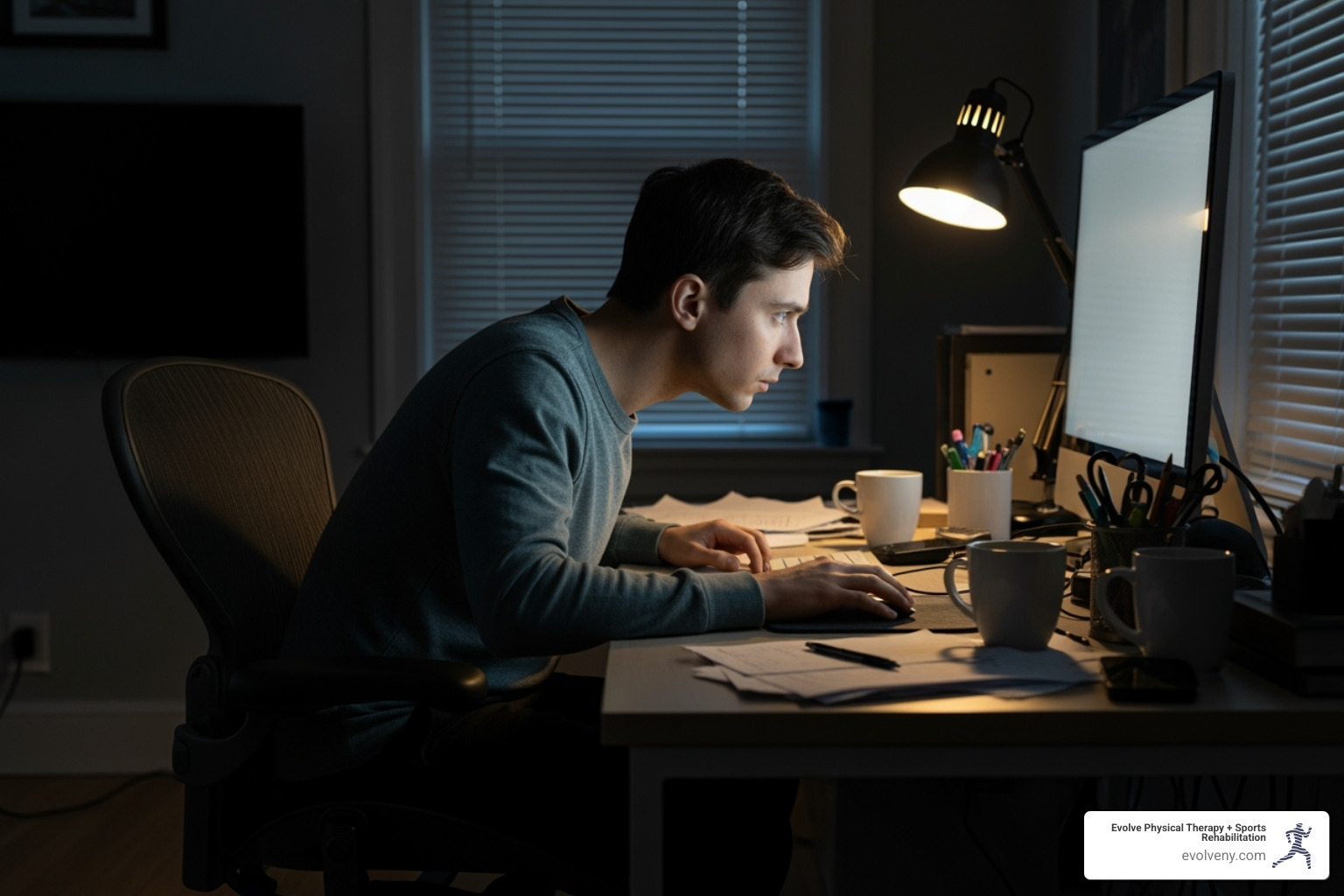 common posture mistake like slouching or craning the neck forward - correct computer posture