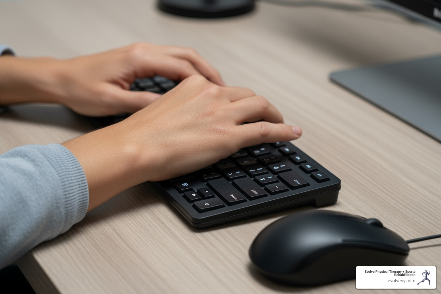 hands and wrists in a neutral position over a keyboard and mouse - correct computer posture