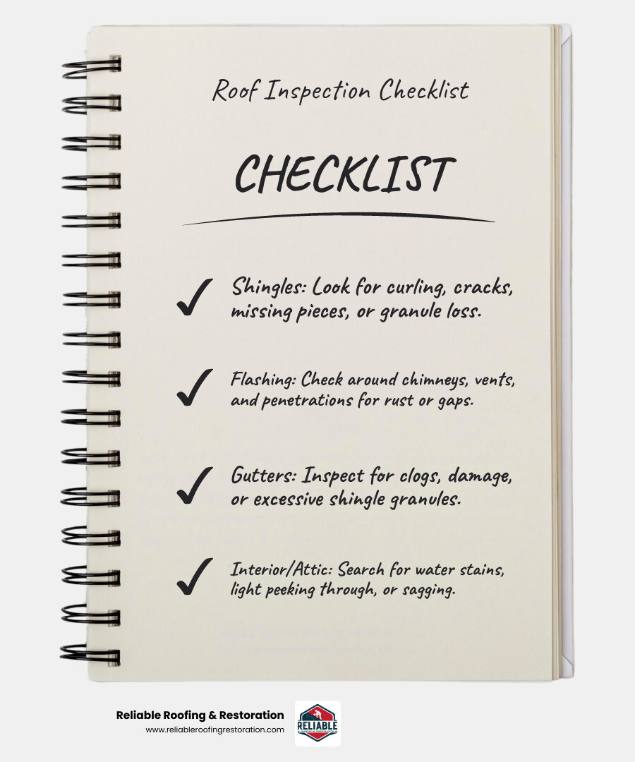 Comprehensive asphalt shingle roof inspection checklist showing exterior shingle examination, flashing inspection around penetrations, gutter assessment for granule loss and damage, and interior attic inspection for water stains and structural issues - asphalt shingle roof inspection infographic checklist-notebook Comprehensive asphalt shingle roof inspection checklist showing exterior shingle examination, flashing inspection around penetrations, gutter assessment for granule loss and damage, and interior attic inspection for water stains and structural issues - asphalt shingle roof inspection infographic checklist-notebook