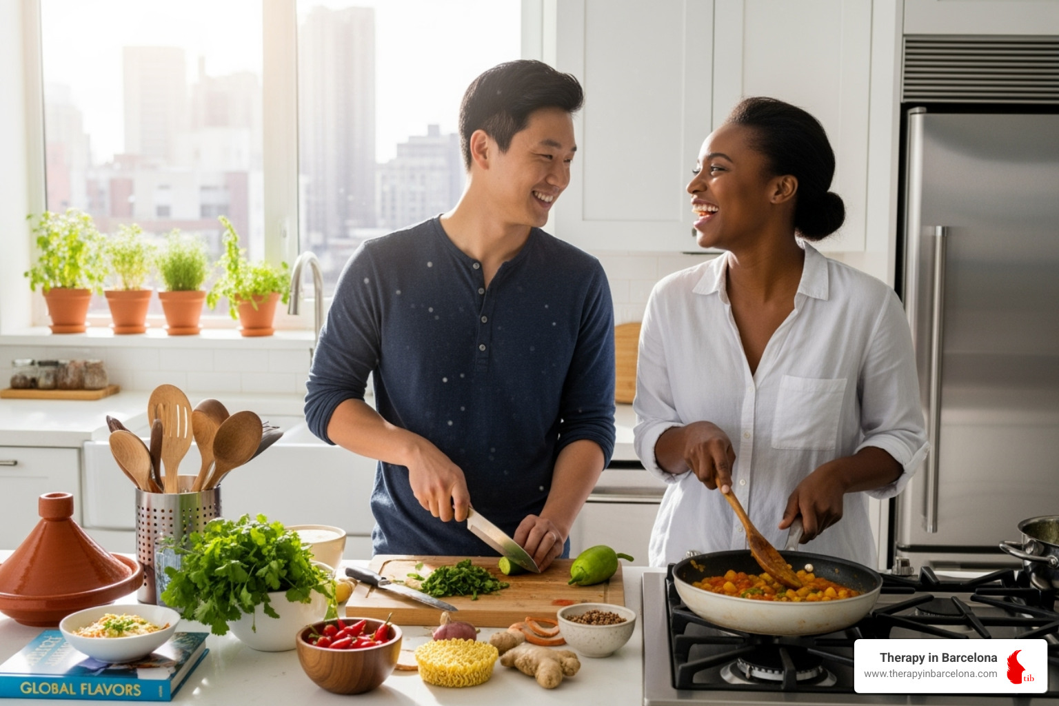 Couple cooking a meal from different cultures together - International dating advice Couple cooking a meal from different cultures together - International dating advice