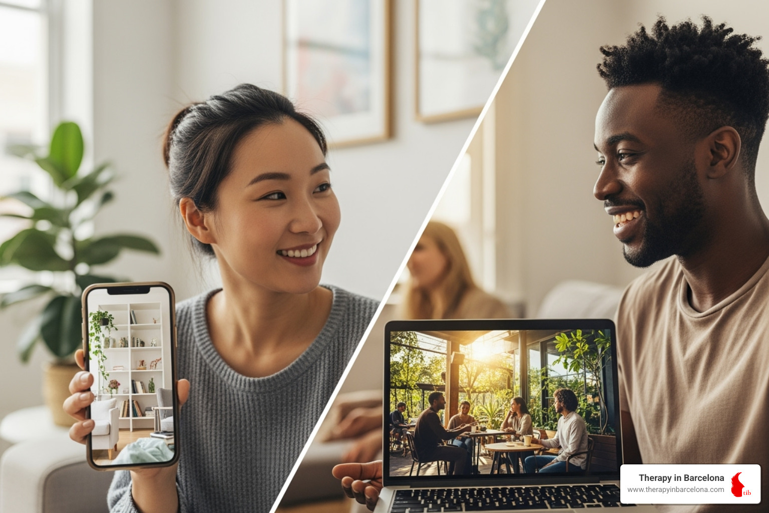 Couple on a video call, smiling and showing each other their surroundings - International dating advice Couple on a video call, smiling and showing each other their surroundings - International dating advice