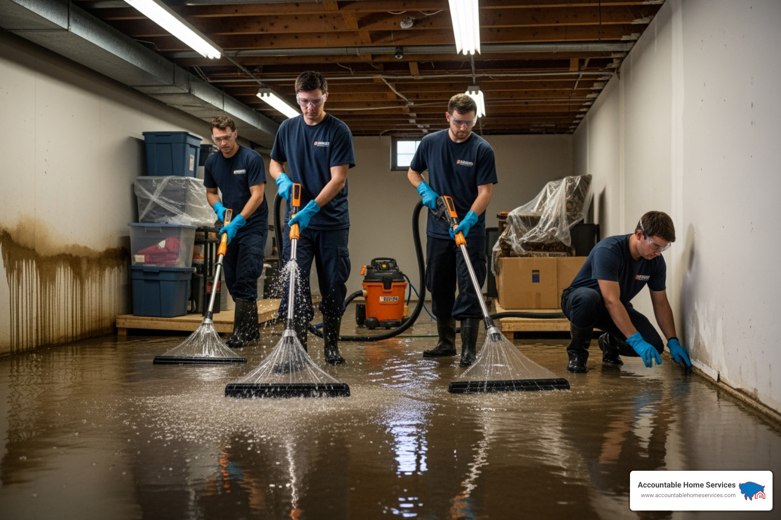 professional restoration team using high-powered water extraction wands in a basement - sewage cleanup arvada