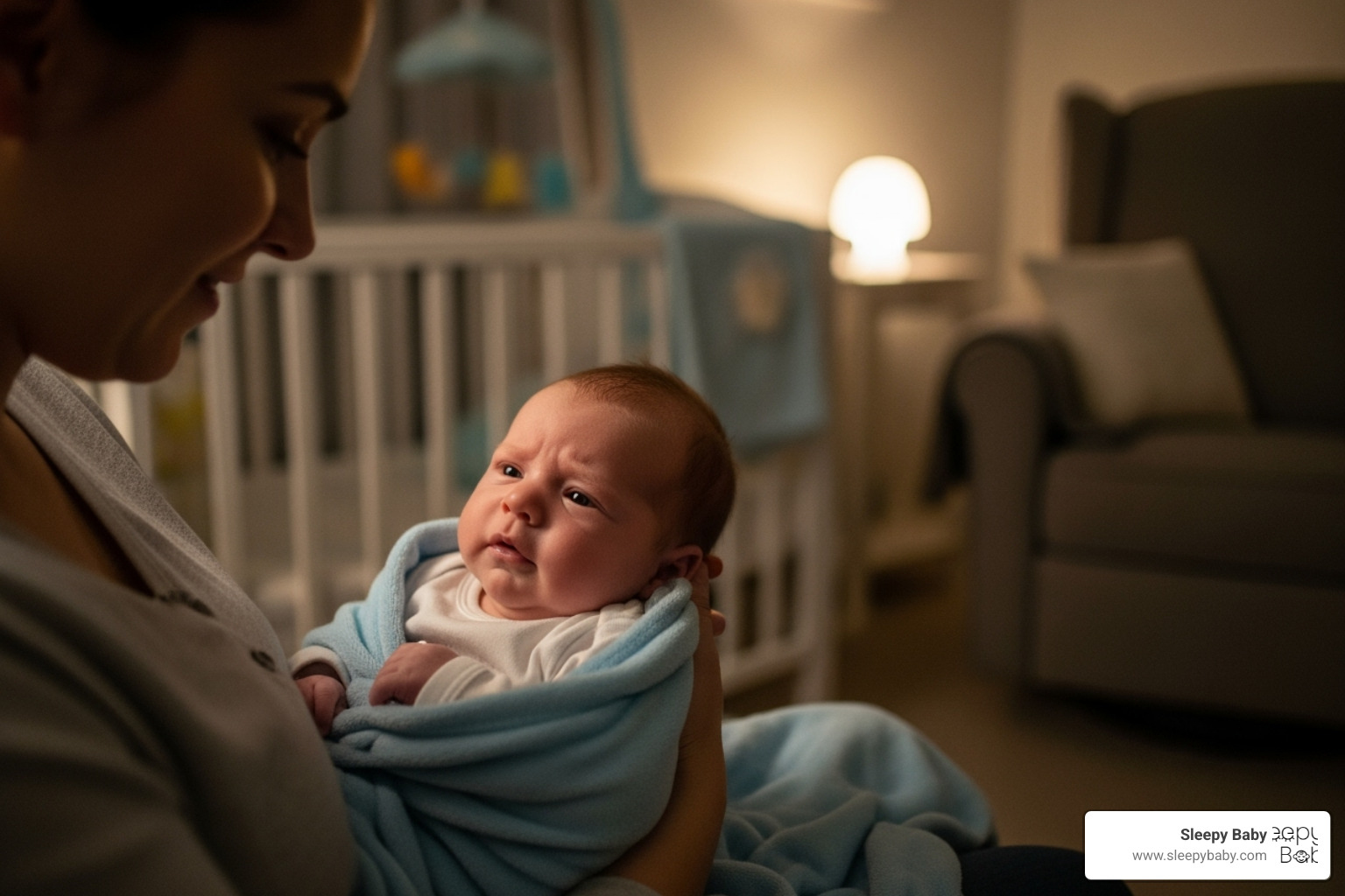 A peaceful, dark nursery with a crib - help fussy baby sleep