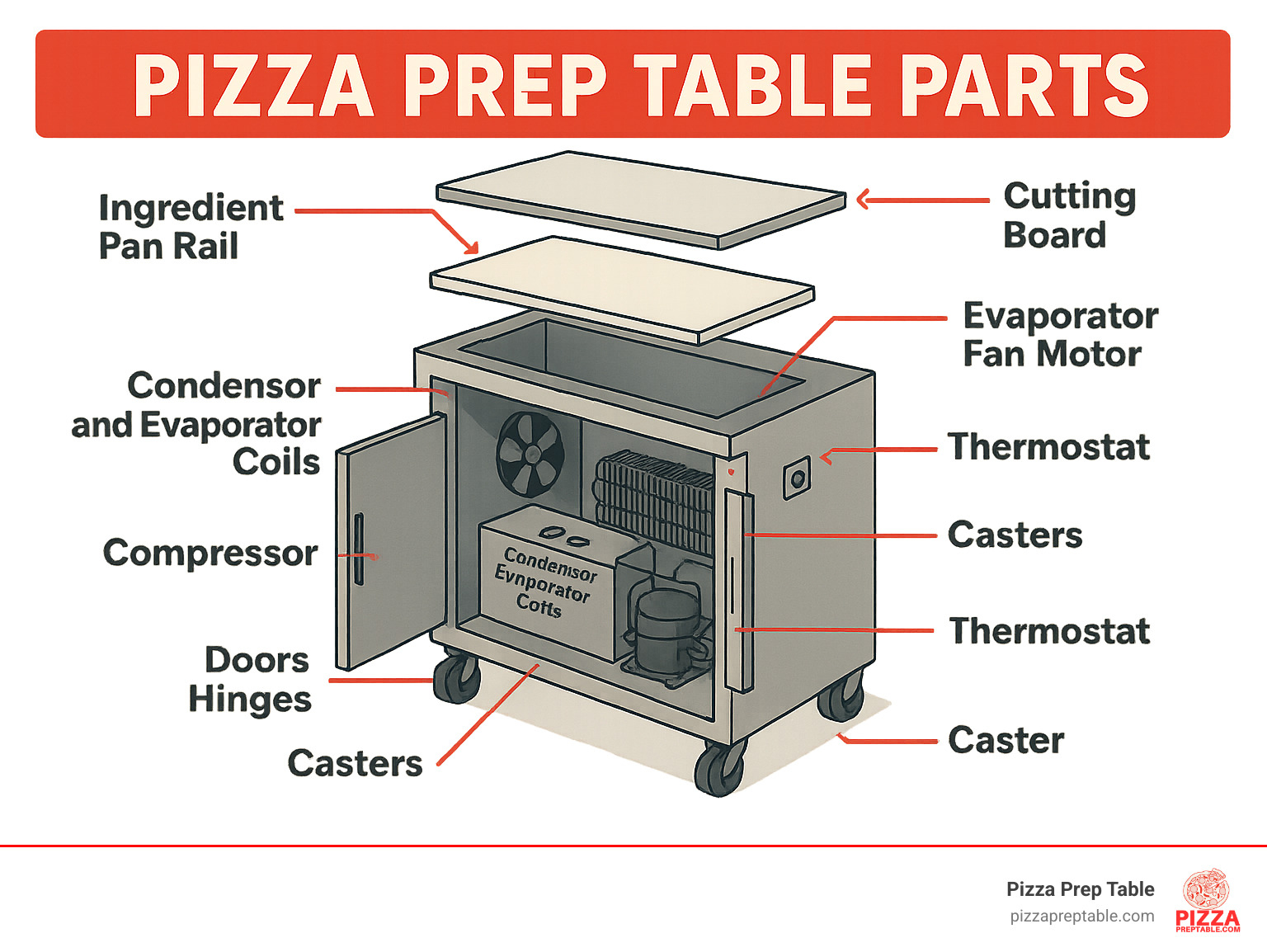 Exploded view of pizza prep table parts showing refrigeration components, cutting board, pan rail, and doors. - pizza prep table parts infographic 