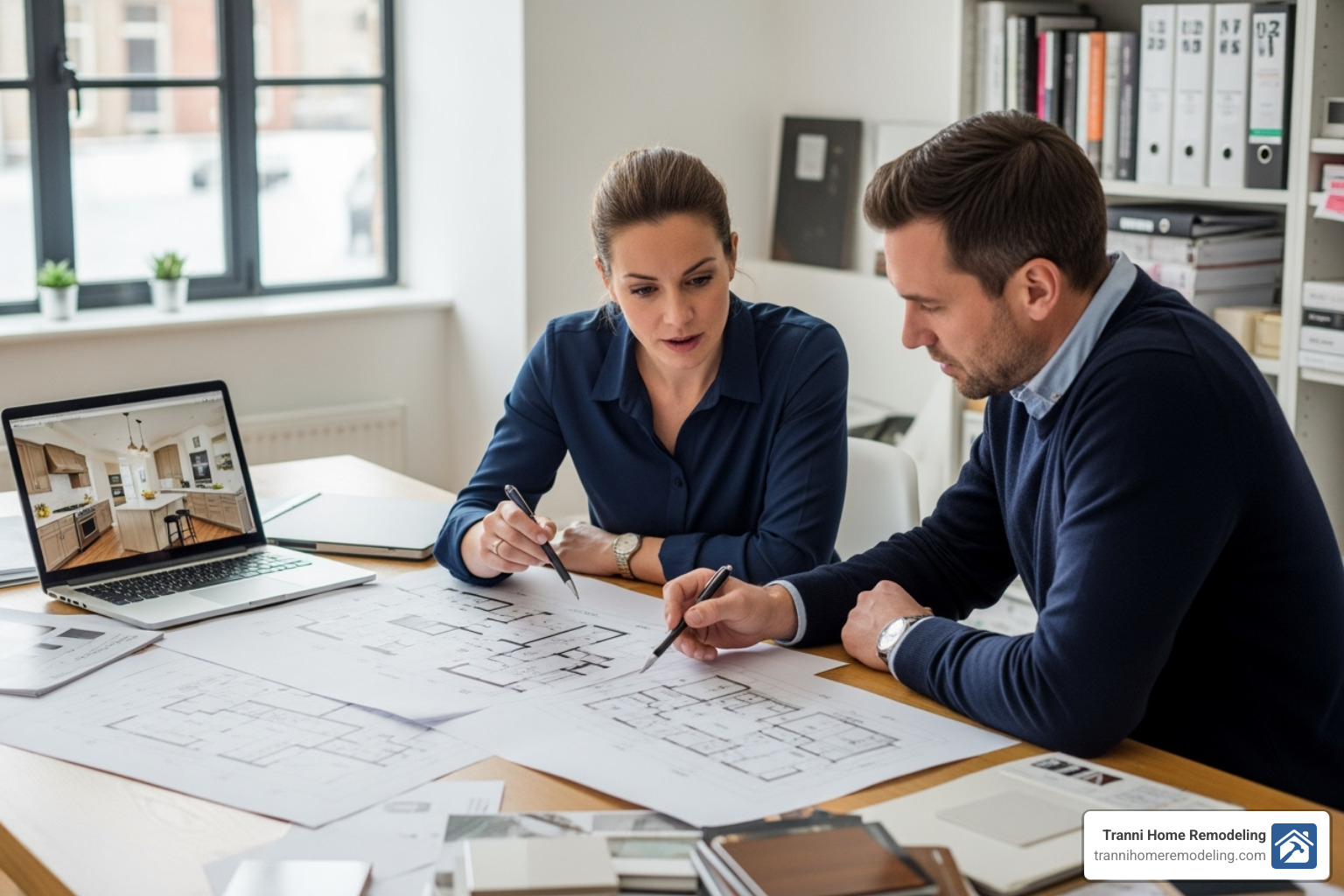 kitchen designer and client reviewing blueprints - kitchen designers near me kitchen designer and client reviewing blueprints - kitchen designers near me